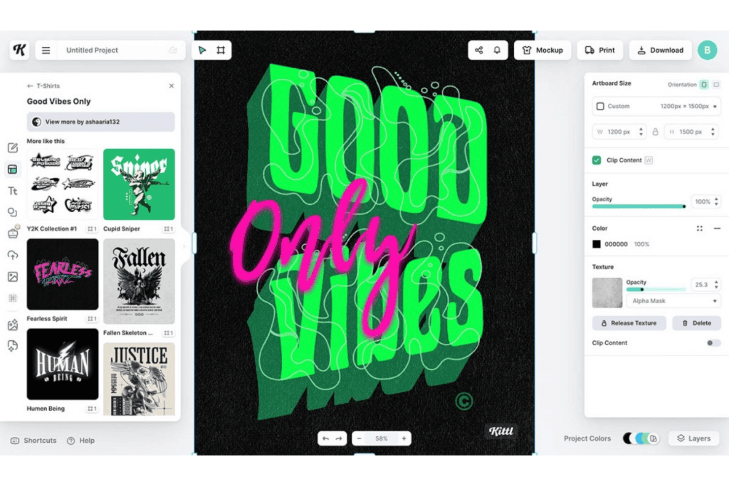 Kittl Design-Editor zeigt eine 'Good Vibes Only'-Neongrün-T-Shirt-Grafik mit Vorlagenpanel und Einstellungen.