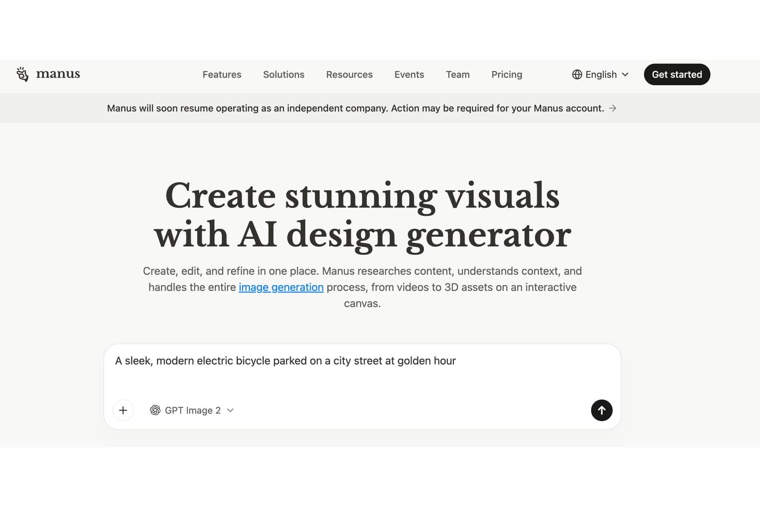 Manus-startpagina met de koptekst van de AI-ontwerpgenerator en een invoerveld voor GPT Image 2-prompts.