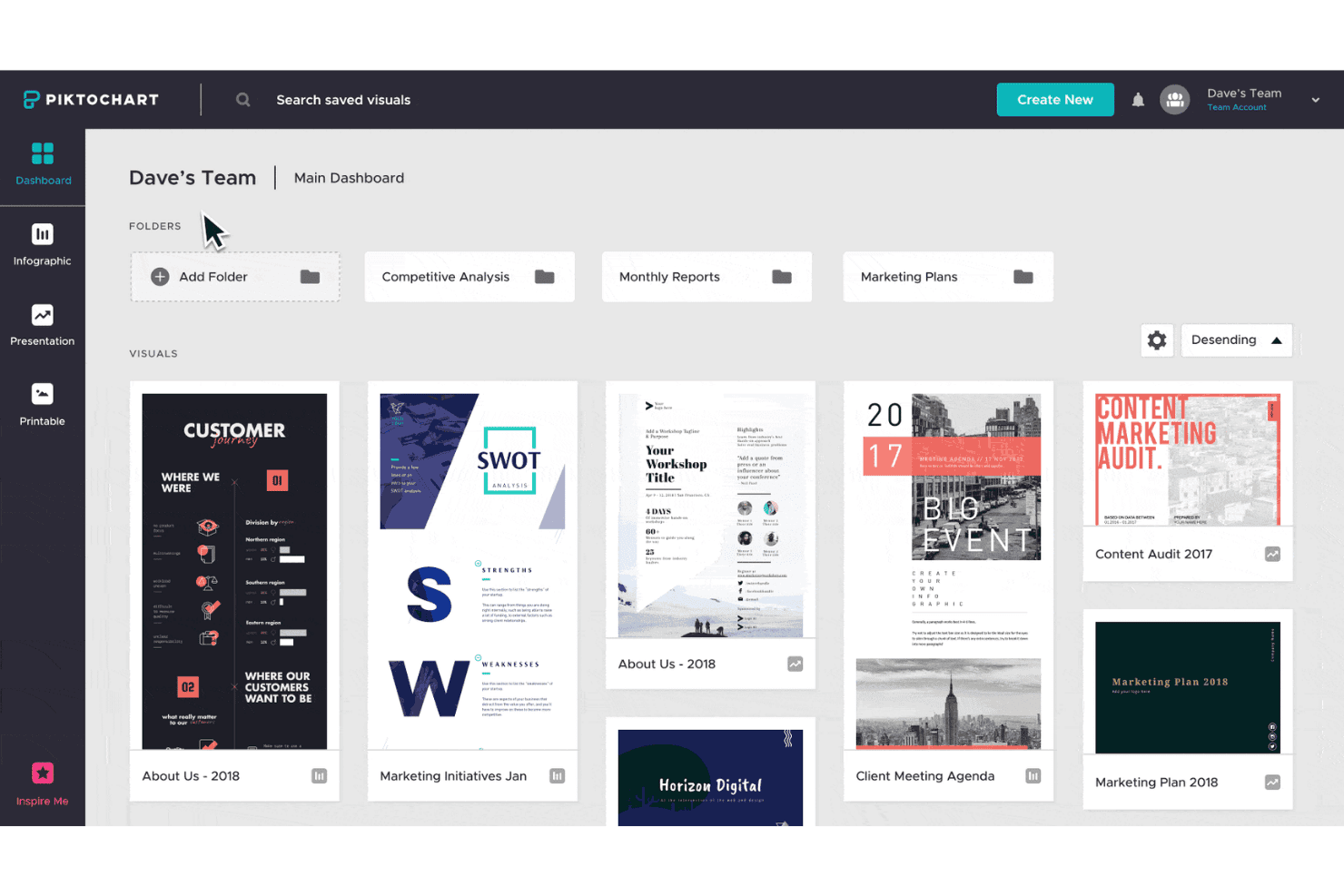 Piktochart-teamdashboard met mappen en visuele sjablonen, waaronder infographics en presentaties.