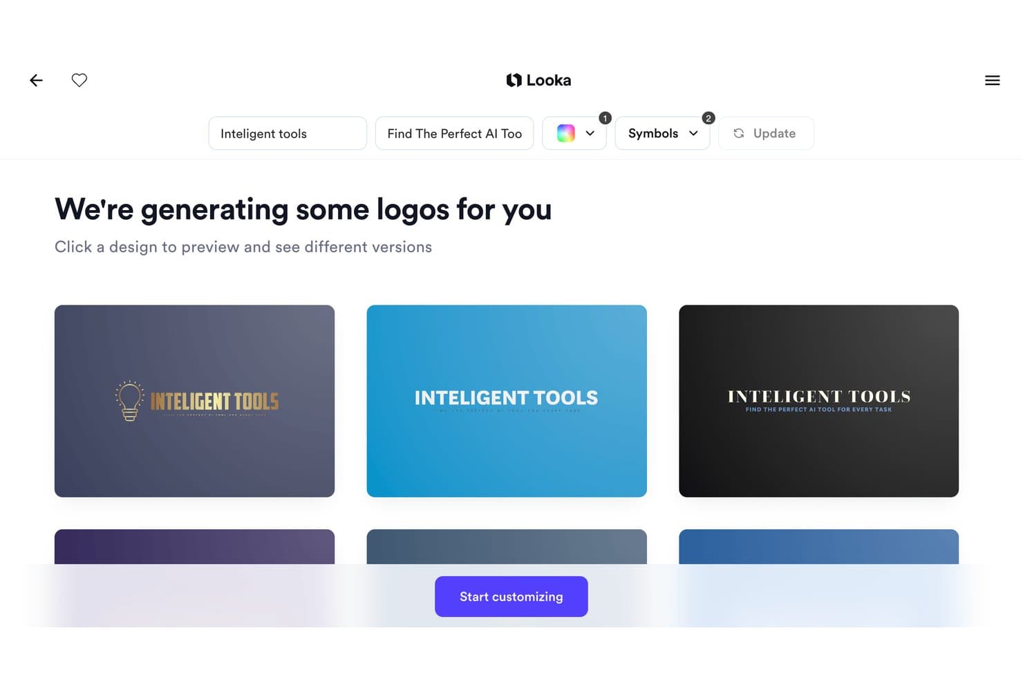 Looka AI-logogenerator met drie opties voor logo-ontwerpen voor het merk Inteligent Tools.