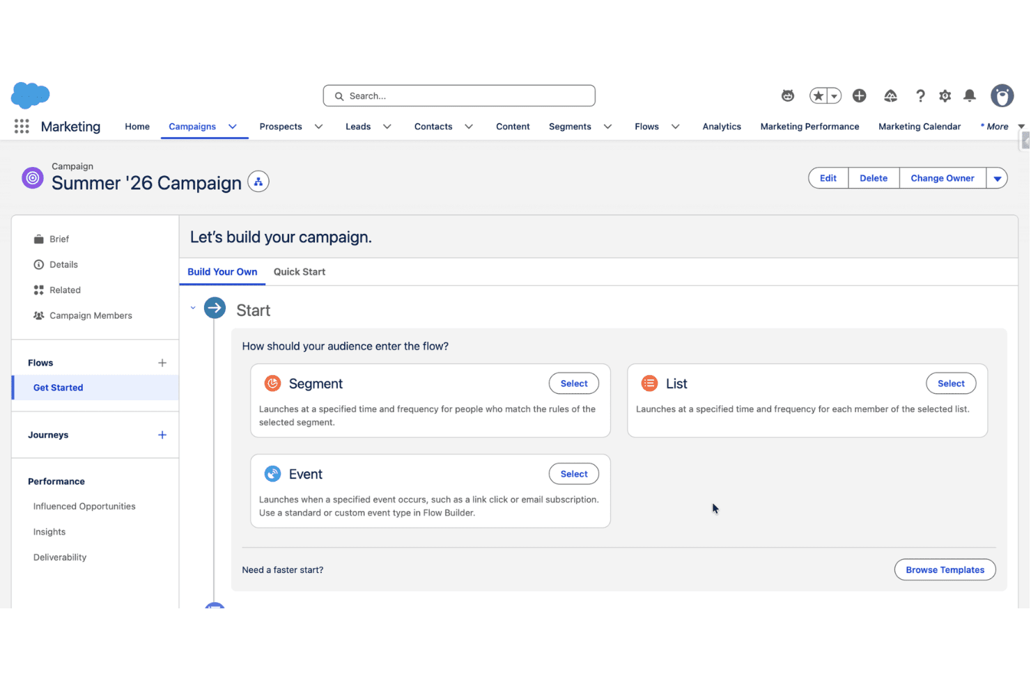 Salesforce Marketing campaign builder showing Segment, List, and Event flow entry options.