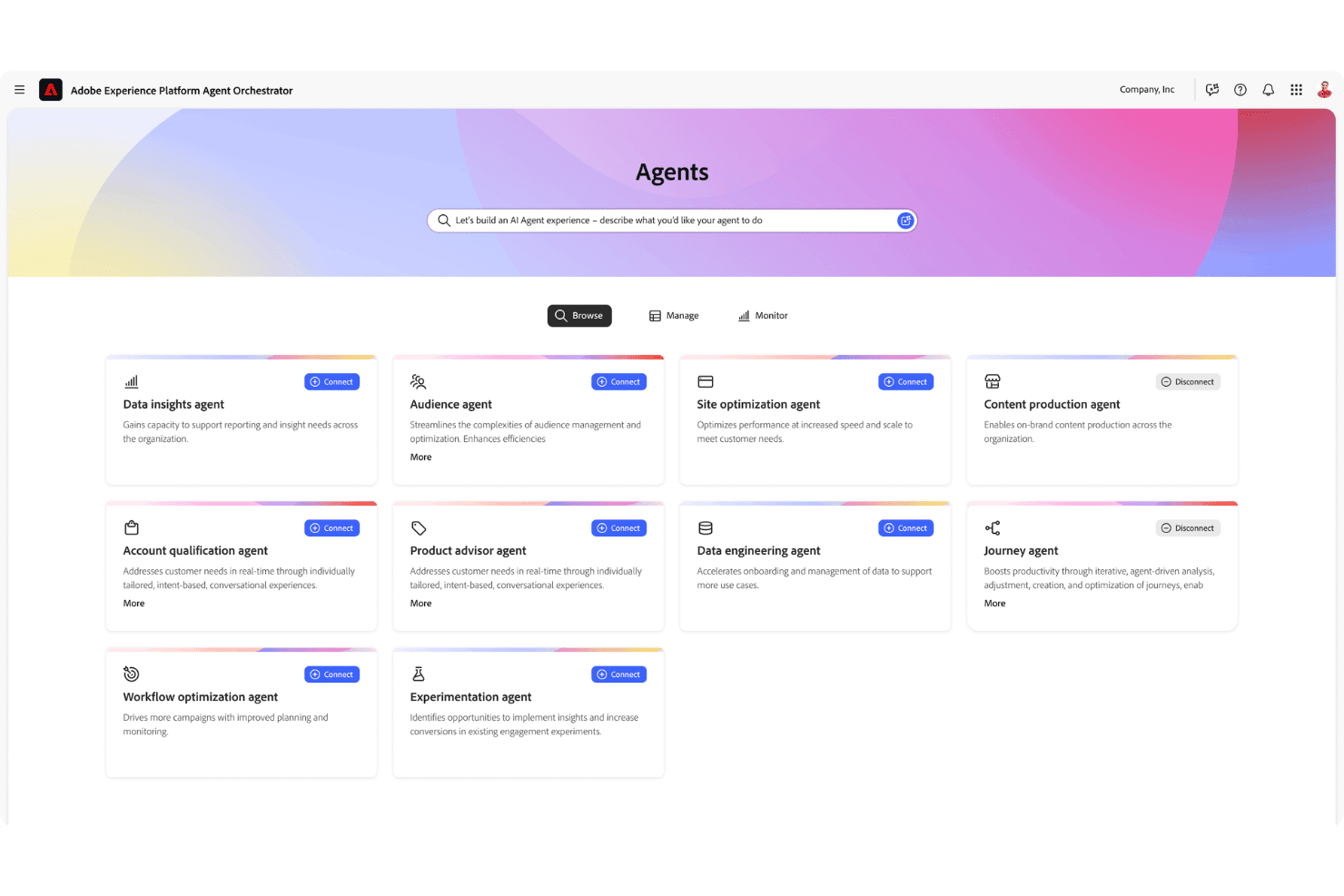 Adobe Experience Platform Agent Orchestrator-instrumentpanel som visar tio AI-agentkort med anslutningsknappar.