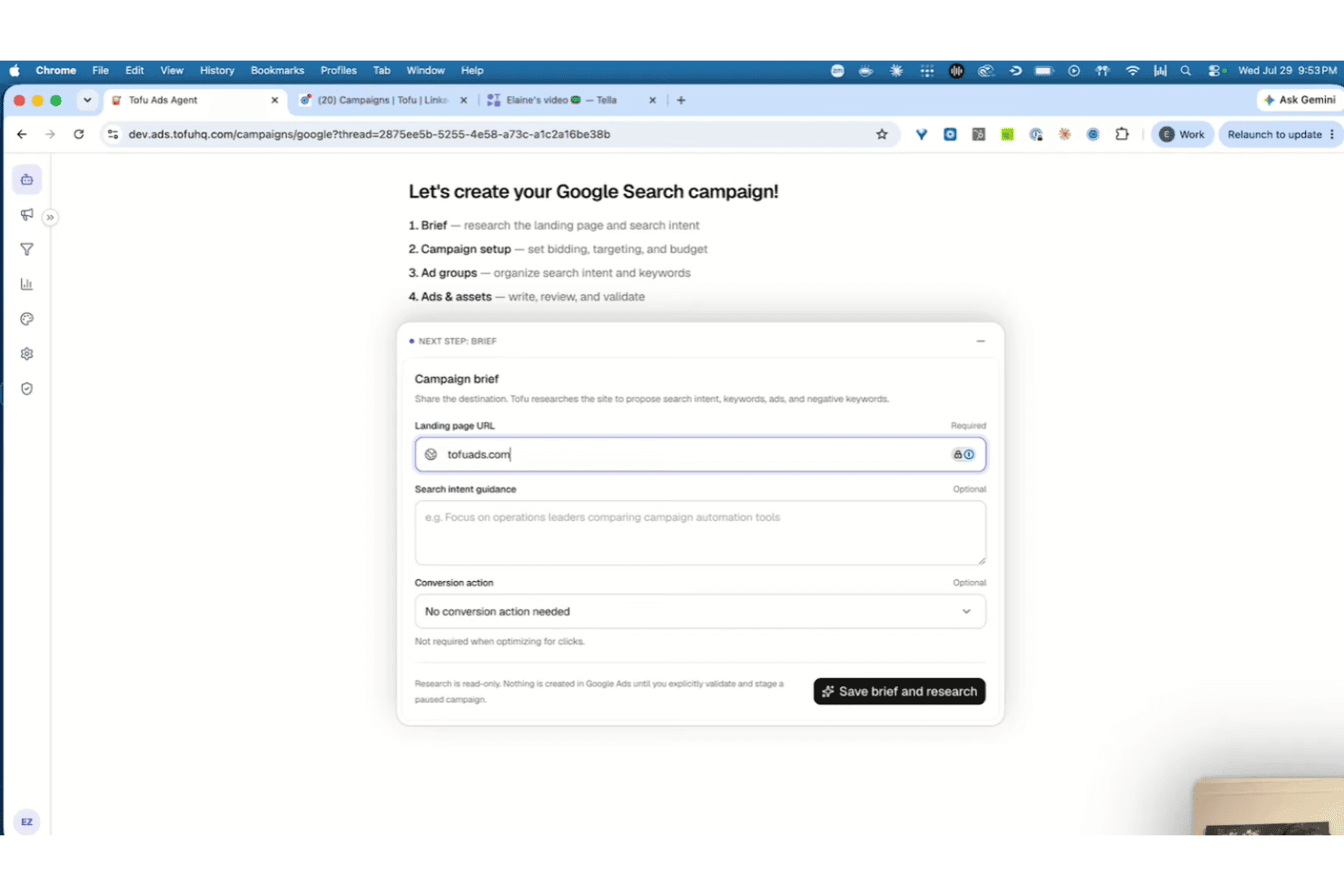 Formulär för kampanjunderlag i Tofus annonsagent med fält för URL till landningssida som visar tofuads.com