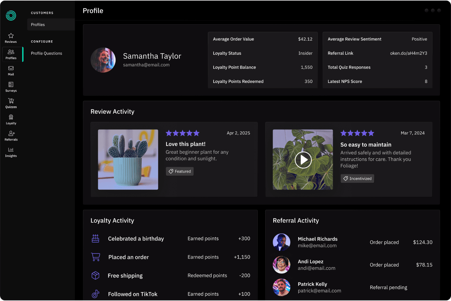 Panel del perfil de cliente de Okendo que muestra reseñas, actividad de fidelización y datos de recomendaciones.