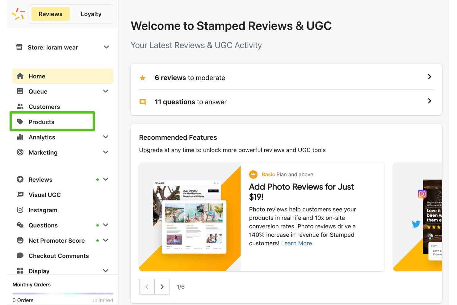 Panel de Stamped Reviews UGC que muestra 6 reseñas por moderar y 11 preguntas por responder