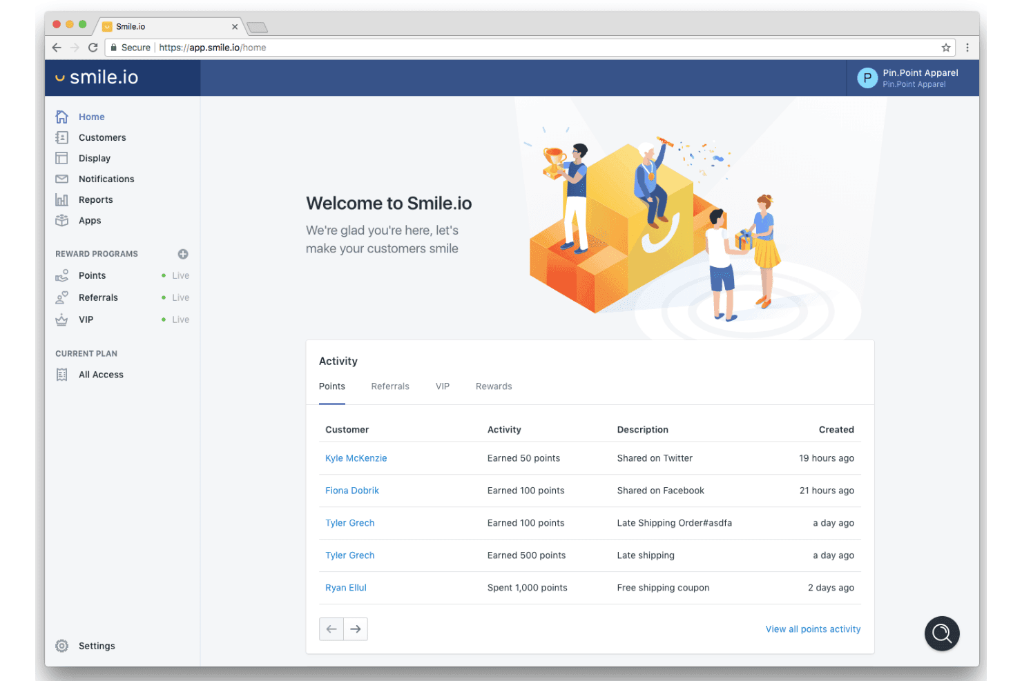 Panel de inicio de Smile.io que muestra la actividad de los programas de recompensas y los puntos obtenidos por los clientes