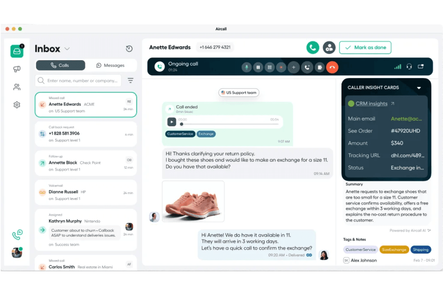 Aircalls skrivbordsapp som visar inkorg, pågående samtal, chattmeddelanden och ett CRM-insiktskort om uppringaren.