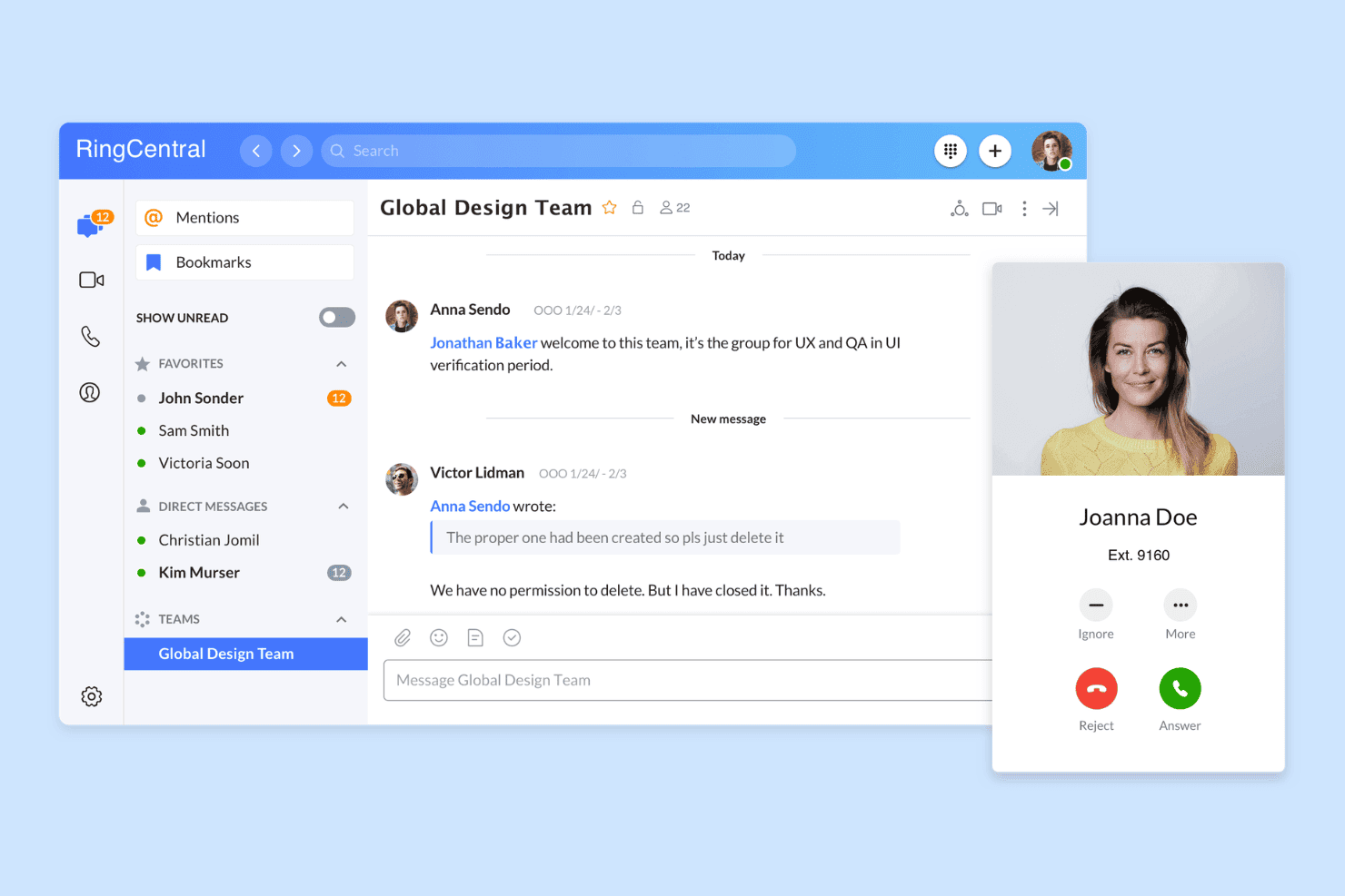 Desktop-App von RingCentral mit Team-Chat, Kontakten in der Seitenleiste und einem Popup für einen eingehenden Anruf von Joanna Doe.