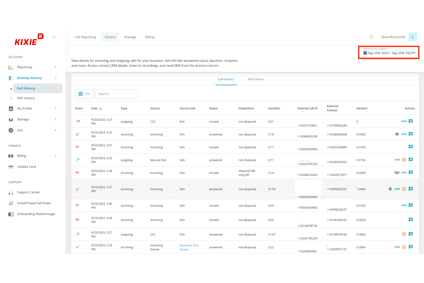 Dashboard der Anrufhistorie von Kixie PowerCall mit Protokollen eingehender und ausgehender Anrufe sowie deren Status und Gesprächsdauer.
