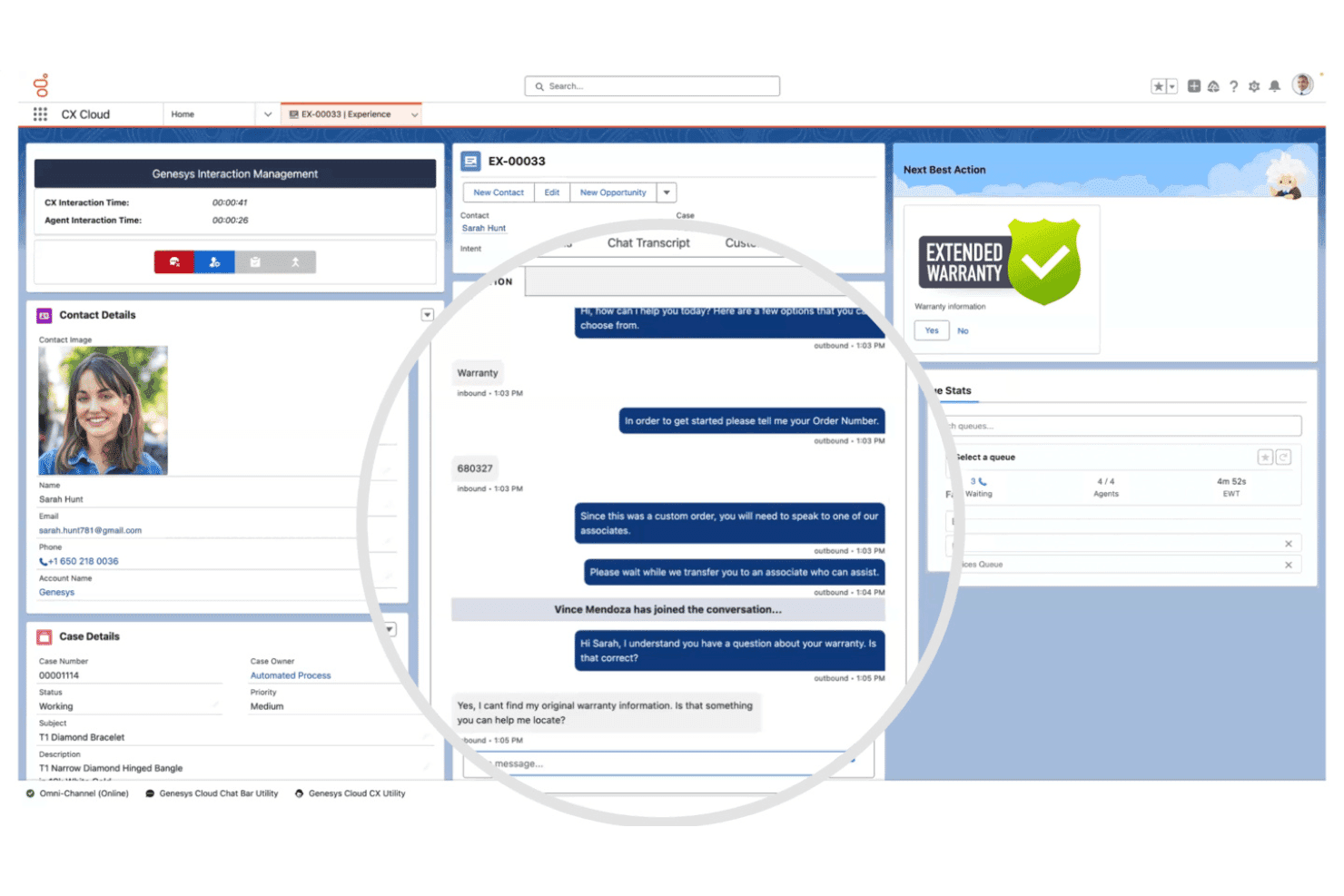 Agenten-Dashboard von Genesys Cloud CX mit Live-Chat-Transkript, Kontaktdaten und einem Bereich für die besten nächsten Schritte bei einer erweiterten Garantie.