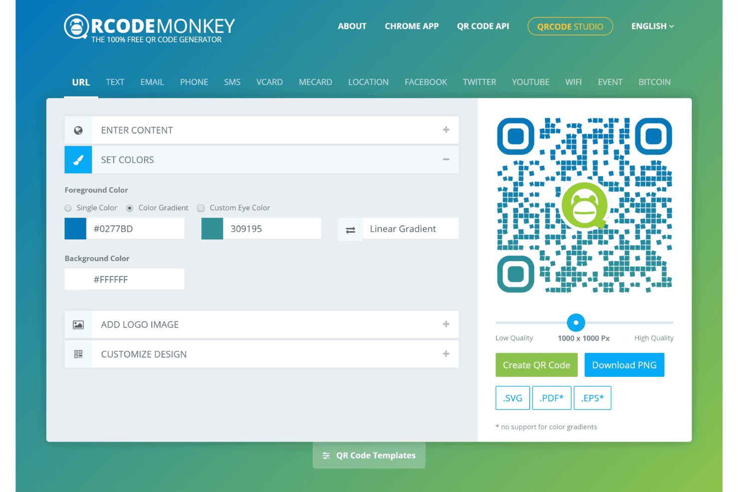 QRCode Monkey interface showing color customization options and a preview of a generated QR code.