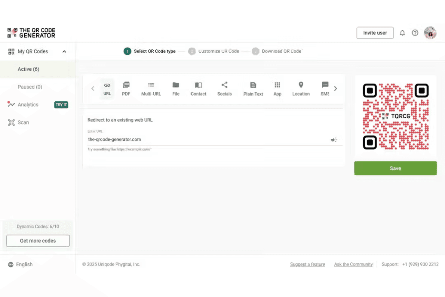 TQRCG-instrumentpanel som visar skapande av URL-QR-kod med direktförhandsvisning av en röd och svart QR-kod.