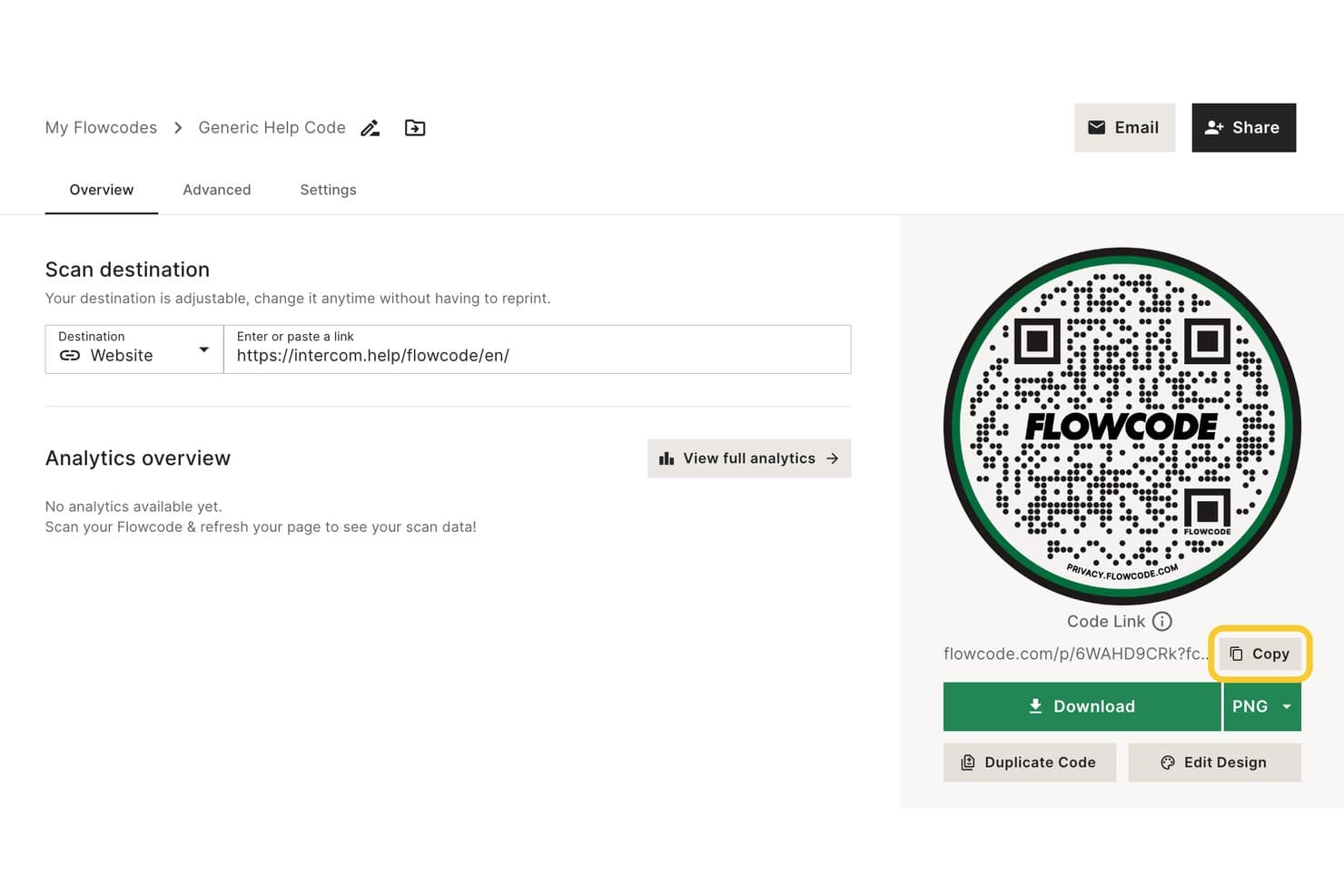 Flowcode dashboard showing a circular QR code with download, copy, and analytics options.