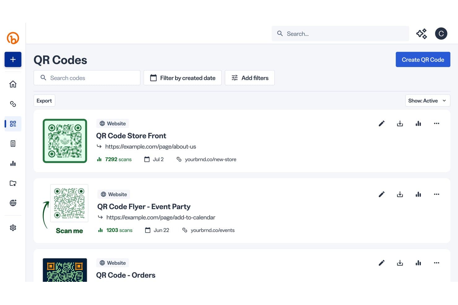 Bitly Codes dashboard listing three active QR codes with scan counts and creation dates.