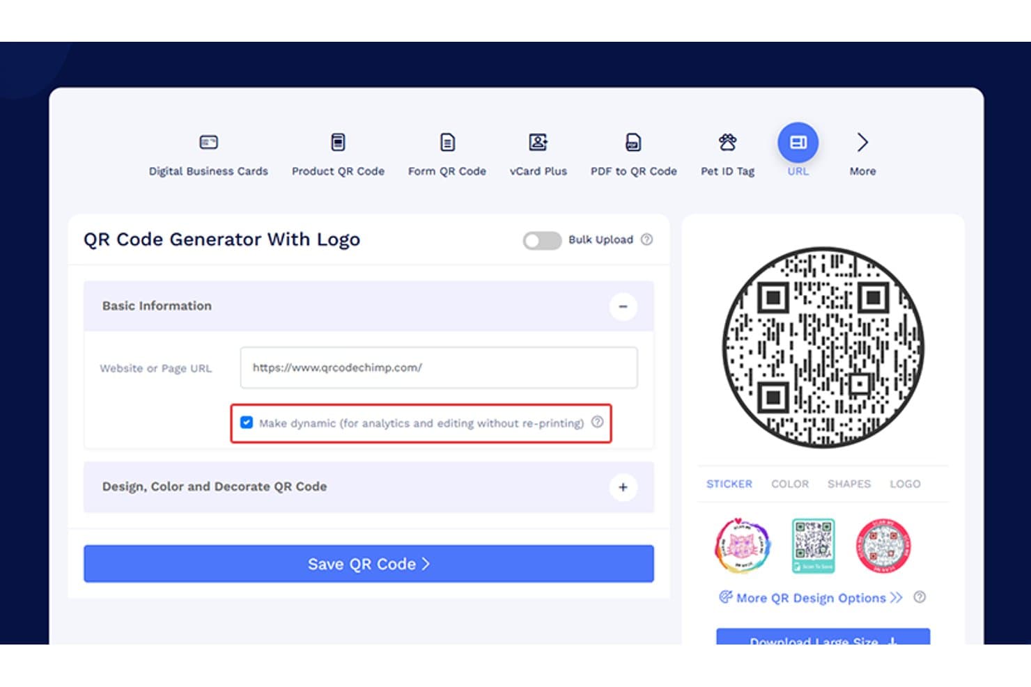 QRCodeChimps QR-kodgeneratorformulär med URL-fält, aktiverat dynamiskt alternativ och förhandsvisning av QR-kod.