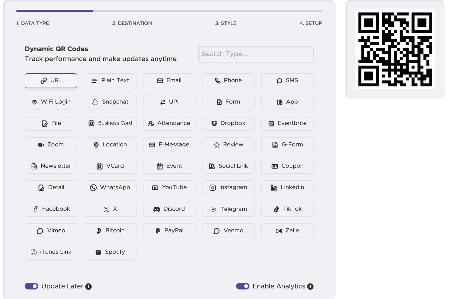 QRStuff:s QR-kodsgenerator visar skärmen för val av datatyp med URL vald och en förhandsvisning av QR-koden i realtid.
