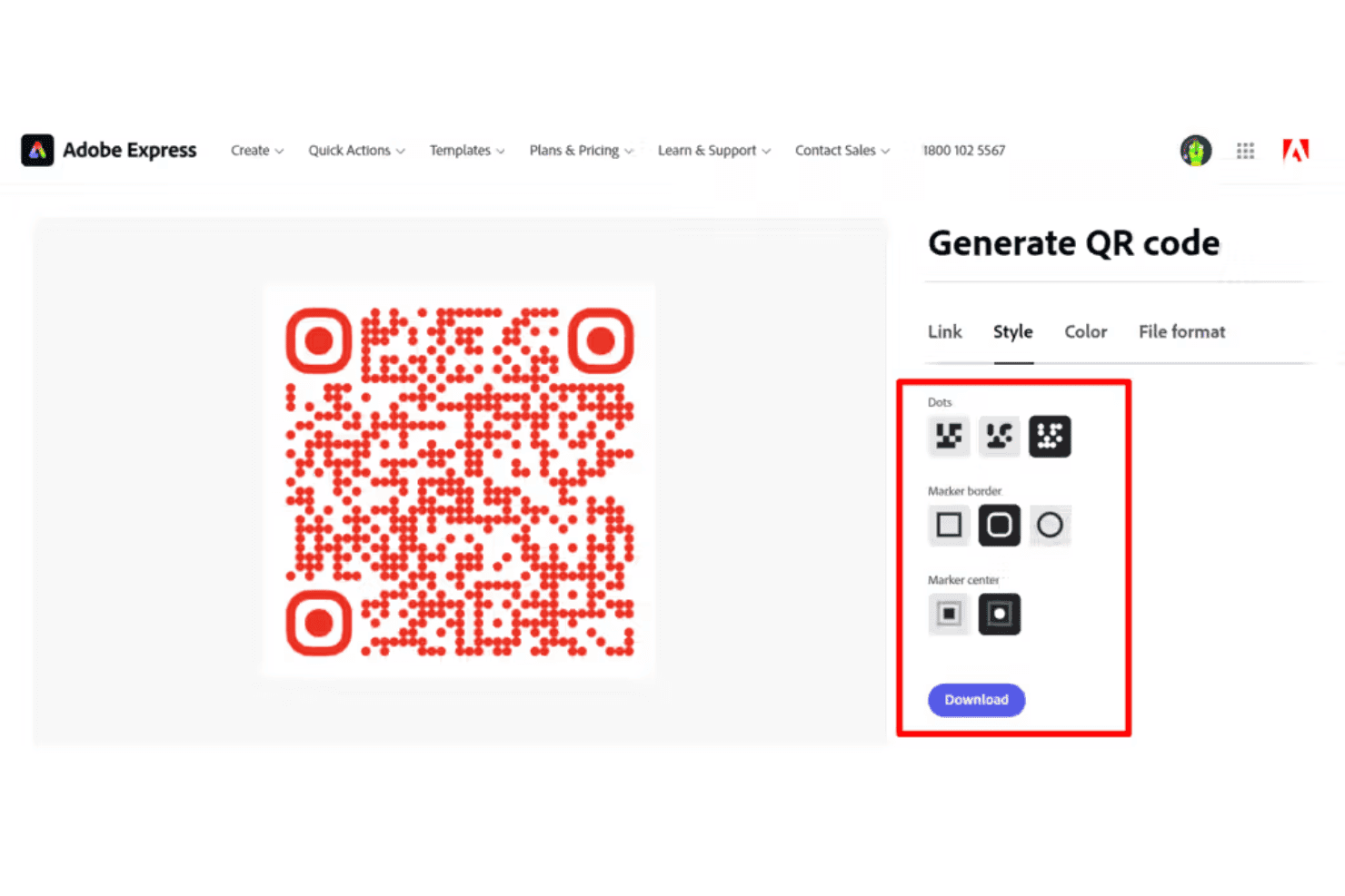 Adobe Express QR-kodsgenerator som visar en röd, stiliserad QR-kod med en panel för stilanpassning.