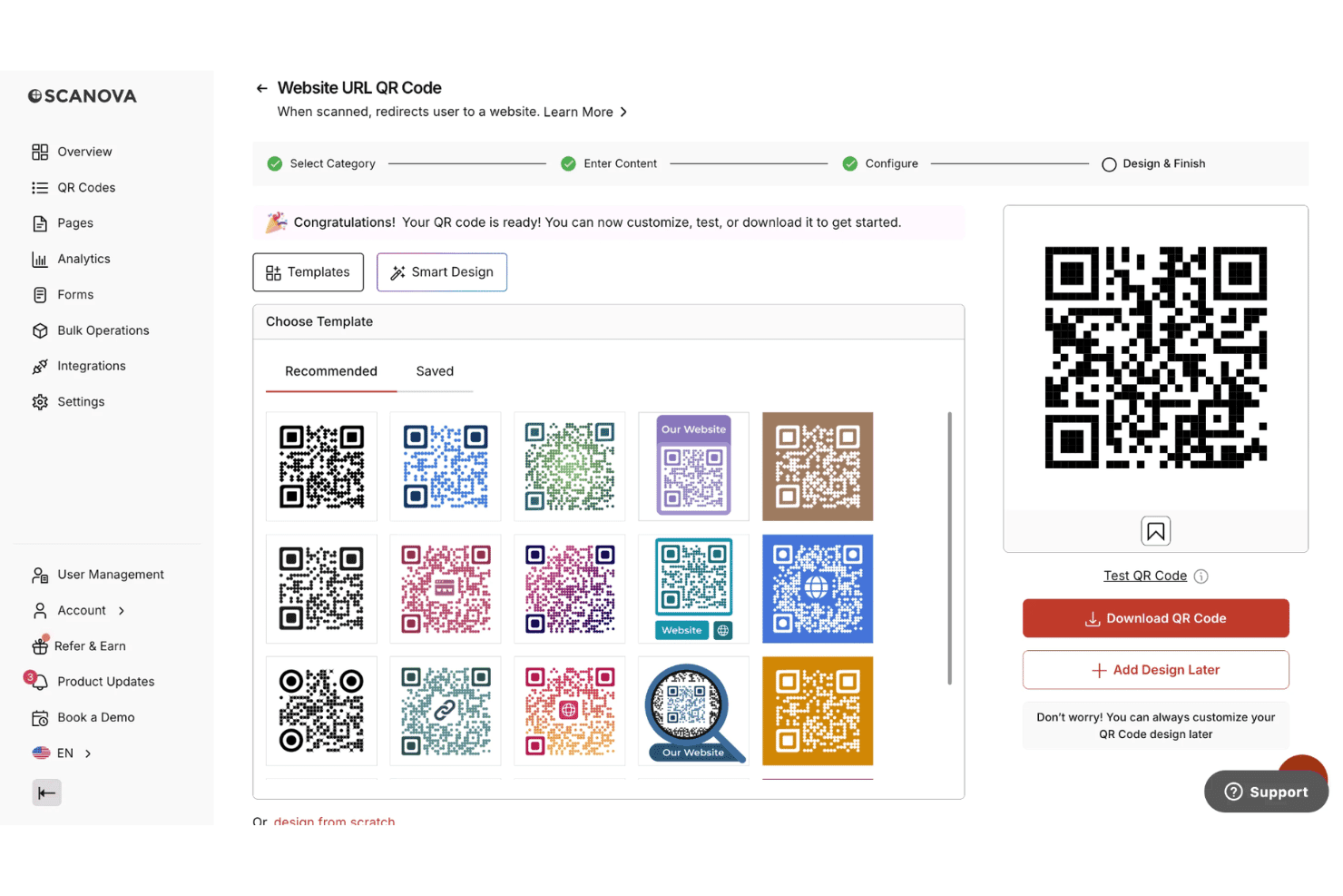 Scanovas verktyg för att skapa QR-koder för webbadresser visar mallval och nedladdningsalternativ.