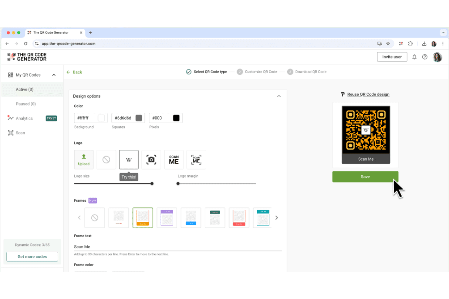 Gränssnitt för QR-kodsgenerator som visar designalternativ för färg, logotyp, ramar och en förhandsvisning.
