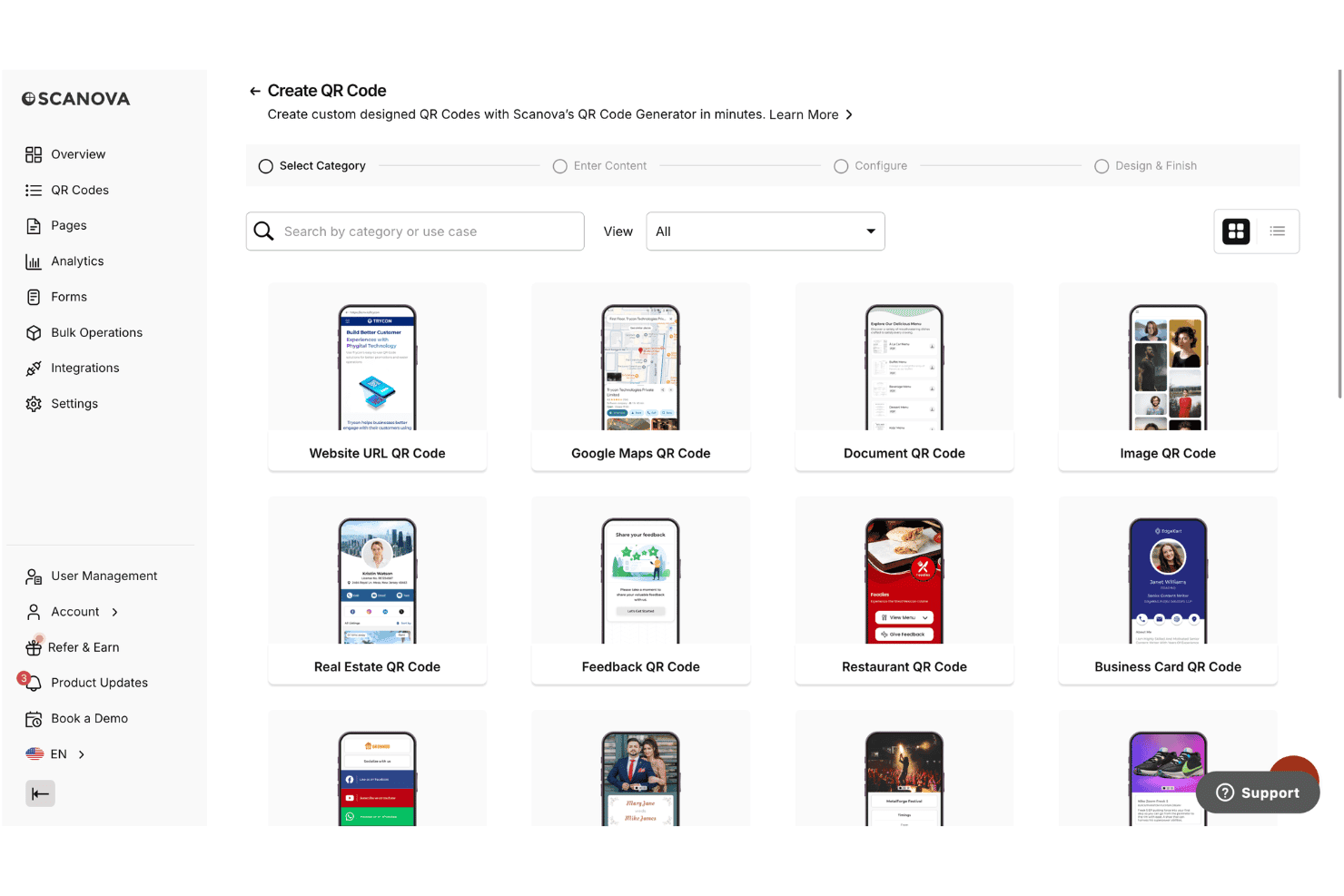 Página Crear código QR de Scanova que muestra una cuadrícula de selección de categorías con ocho tipos de códigos QR.