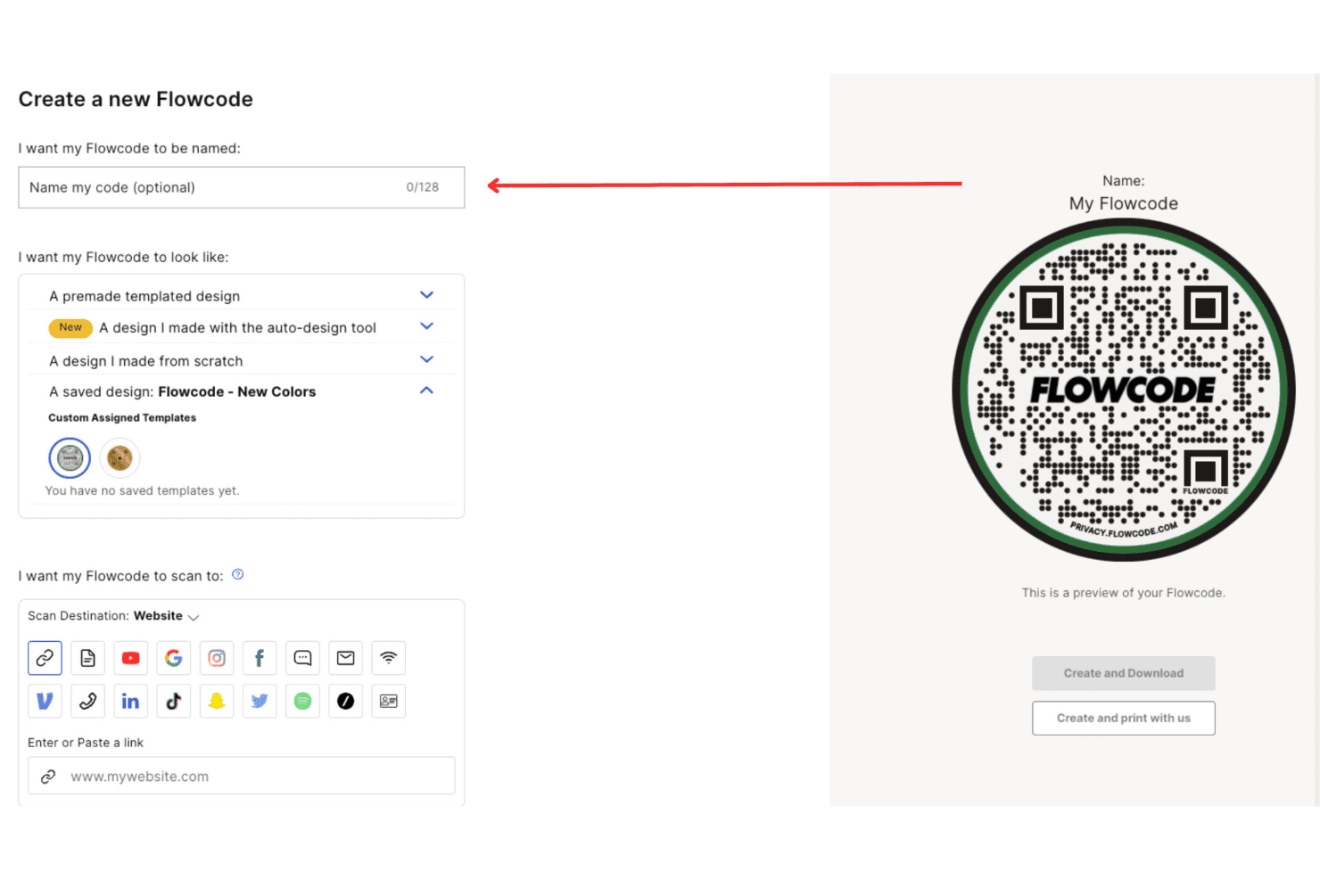 Formulär för att skapa Flowcode QR-koder med namnfält, designalternativ och inmatning för webbplatsens skanningsmål.