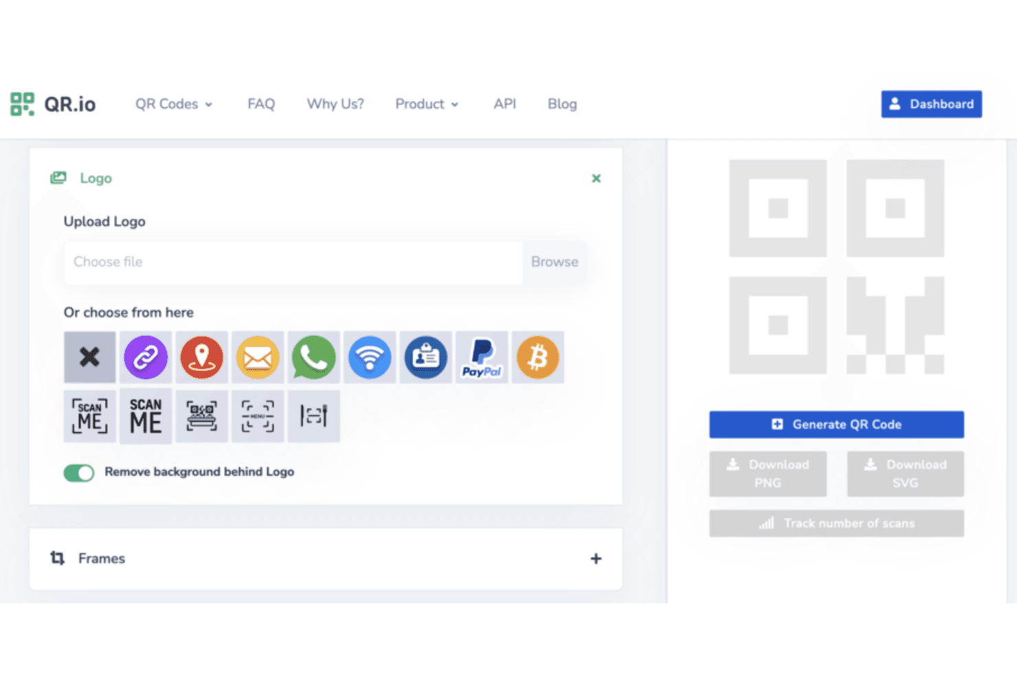 QR.io-panel för uppladdning av logotyp med förinställda ikoner och förhandsvisning av QR-kod till höger