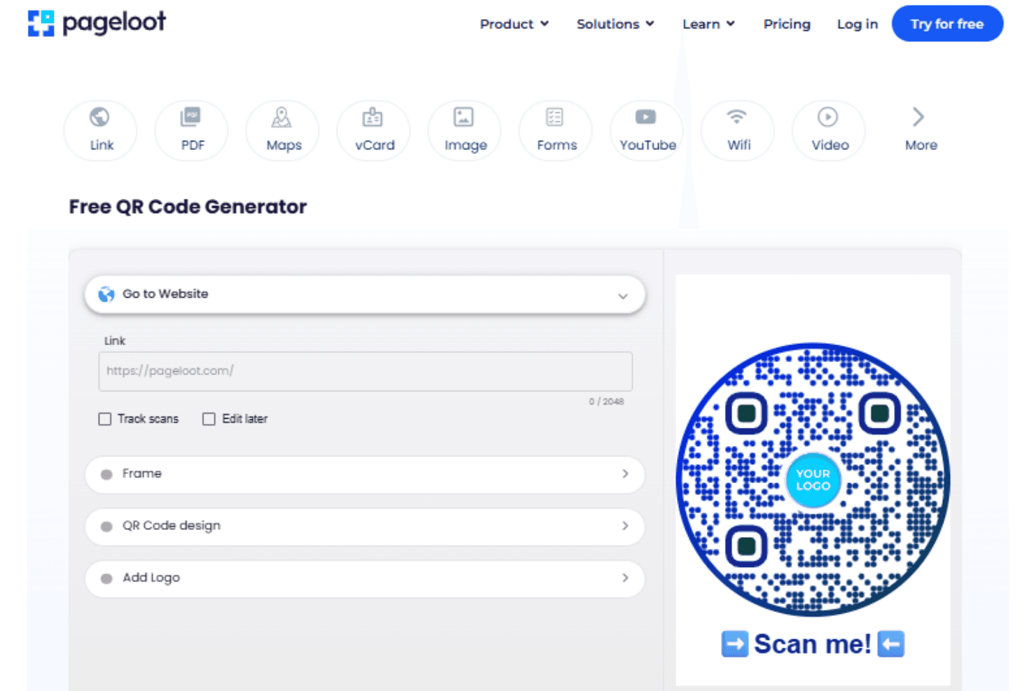 Gränssnitt för Pageloots kostnadsfria QR-kodsgenerator med en cirkelformad blå QR-kodsförhandsvisning och platshållare för logotyp.