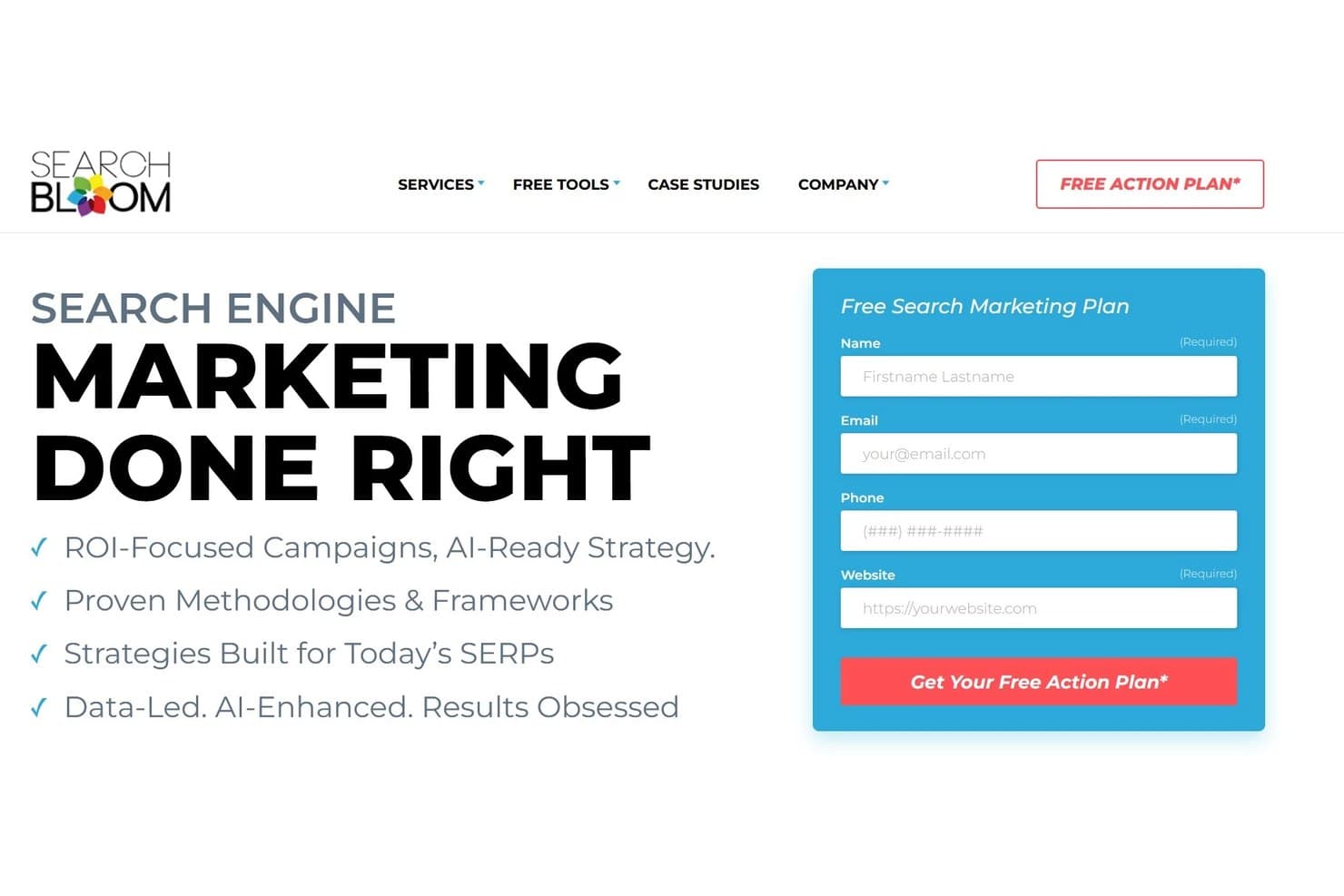 Startpagina van Searchbloom met zoekmachinemarketingdiensten en een formulier voor een gratis marketingplan.