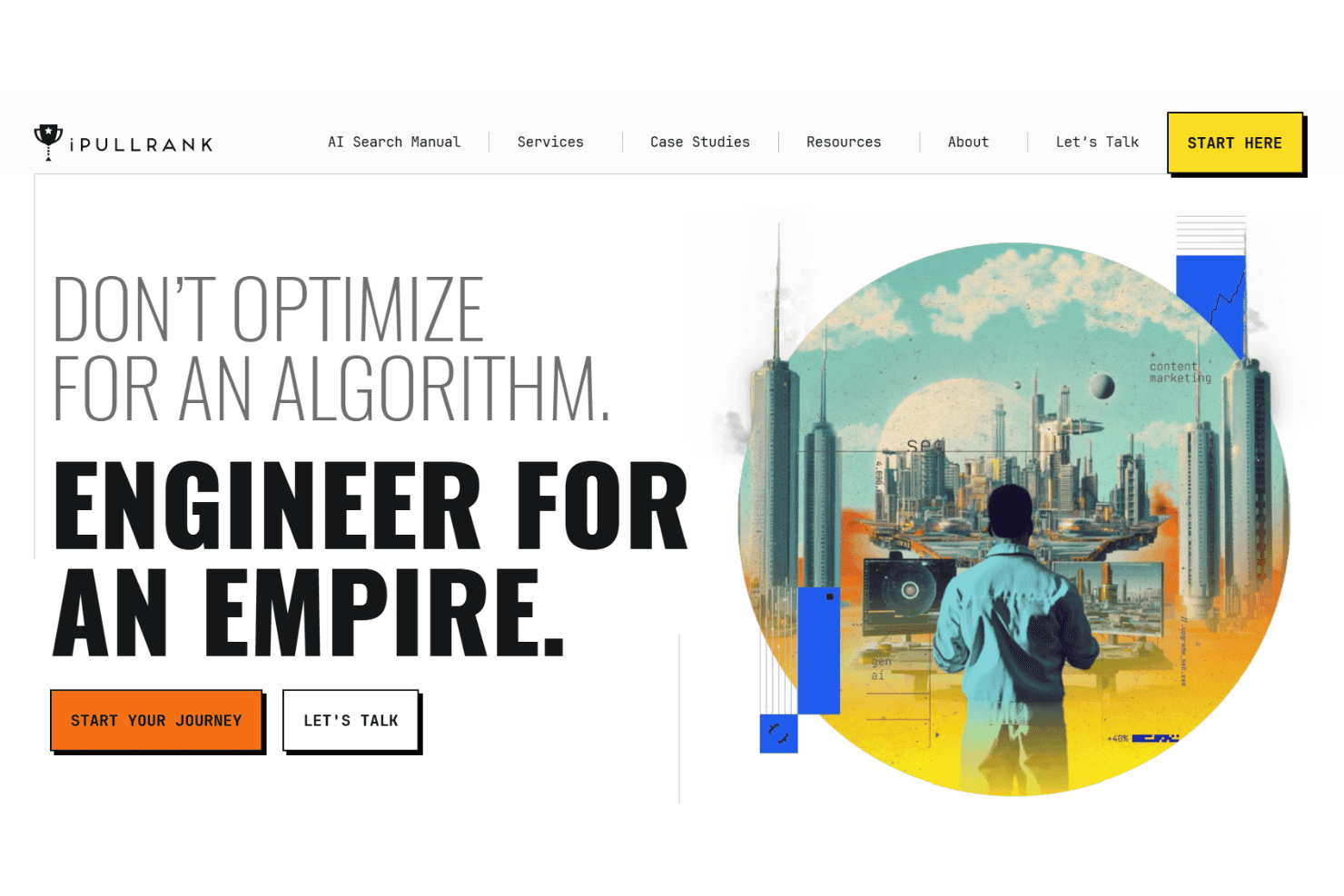 iPullRank-startpagina met de slogan 'Bouw een imperium' en een futuristische stadsillustratie