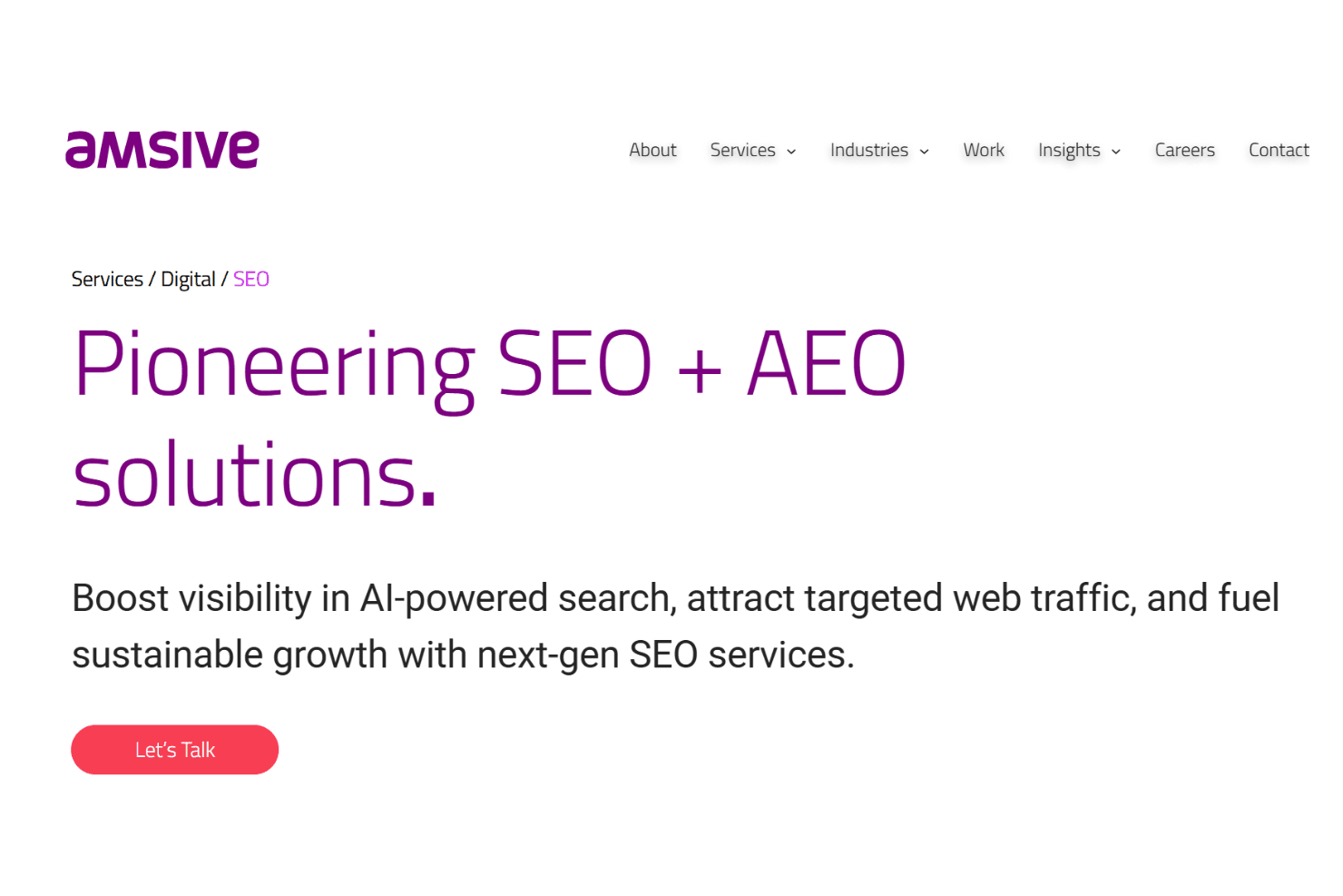 Amsives hero-sektion på webstedet, der promoverer SEO- og AEO-løsninger med en Lad os tale-knap.