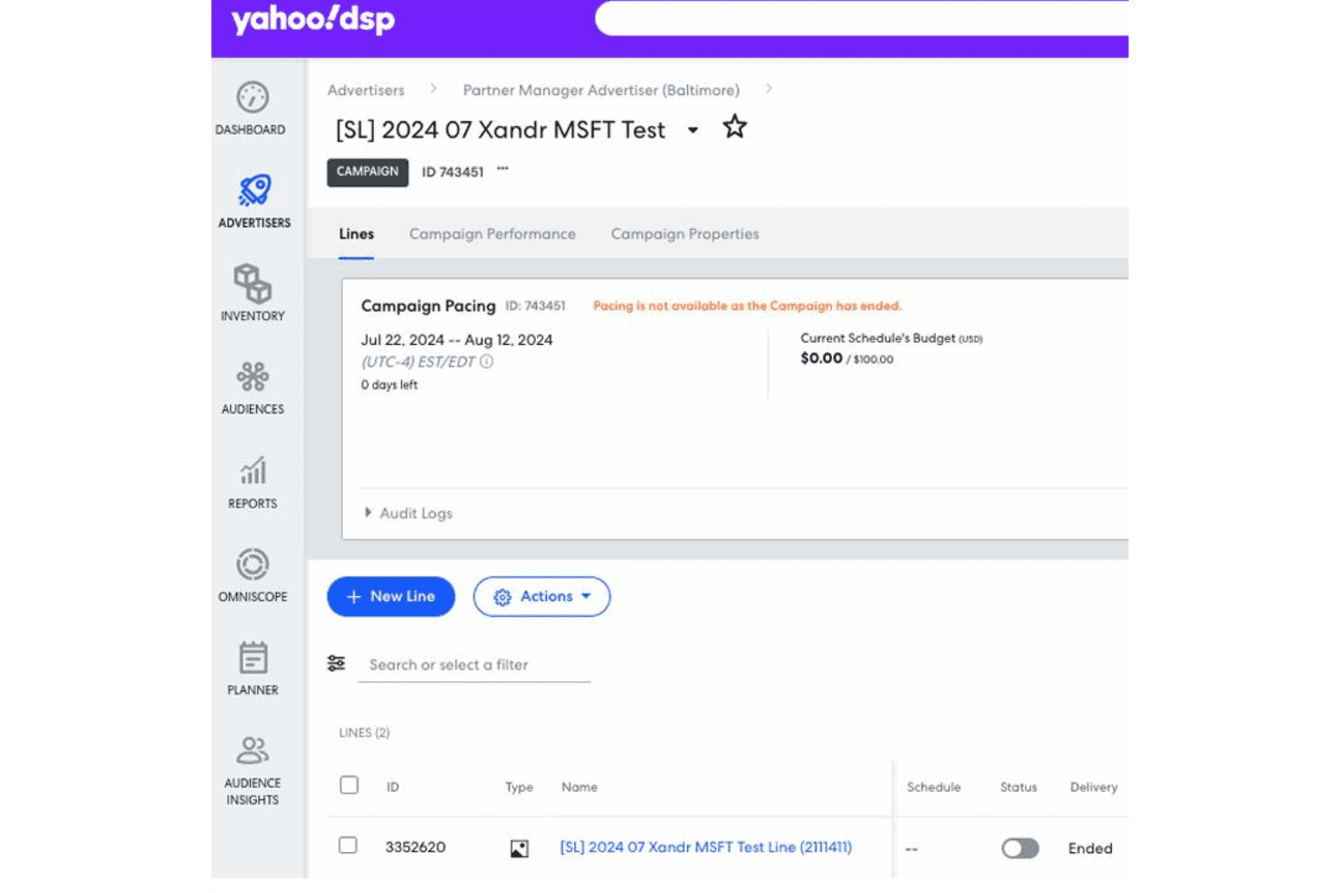 Yahoo DSP-kampanjöversikt som visar budgetfördelning, budget och två radobjekt.
