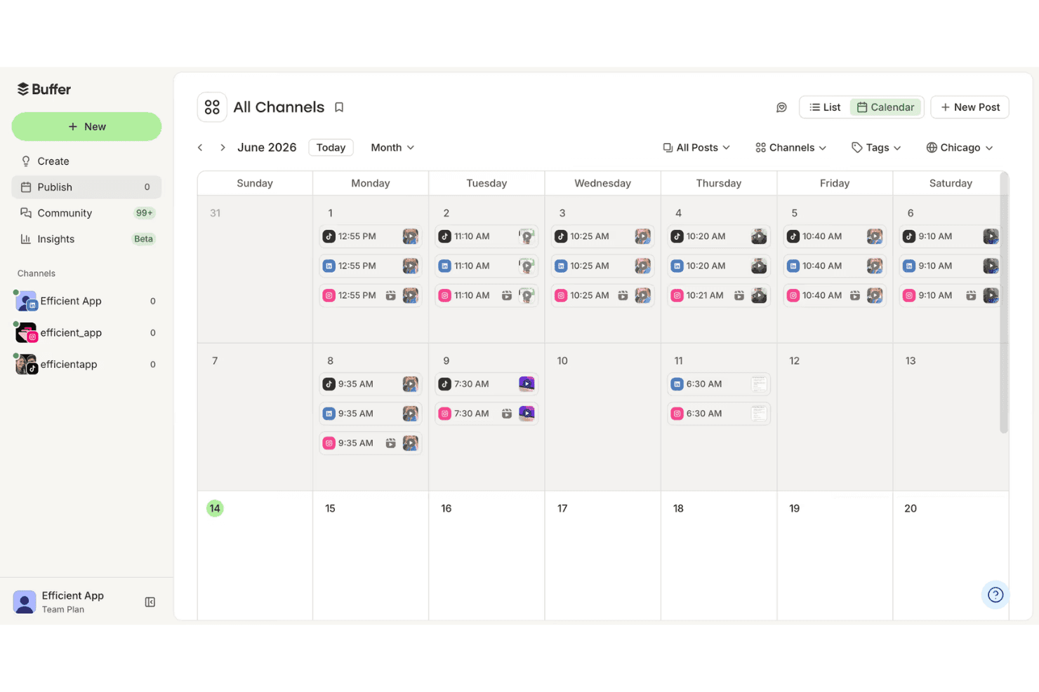 Buffers kalender för sociala medier visar schemalagda inlägg i flera kanaler i juni 2026.