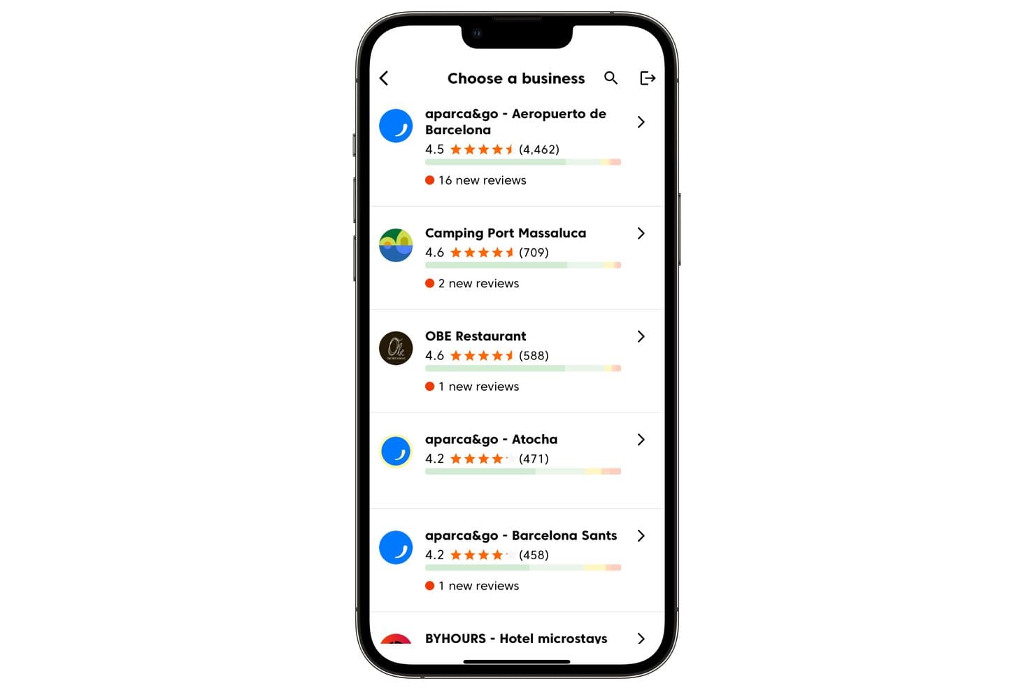 Mobiilisovelluksen näyttö, jossa luetellaan yrityksiä tähtiluokituksineen ja uusien arvostelujen ilmoituksineen.