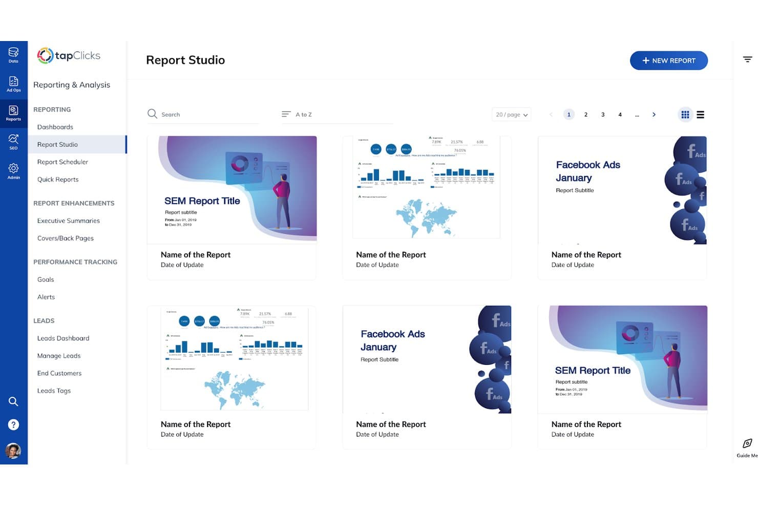 Vista a griglia di TapClicks Report Studio con sei miniature di report salvati e relativi titoli.