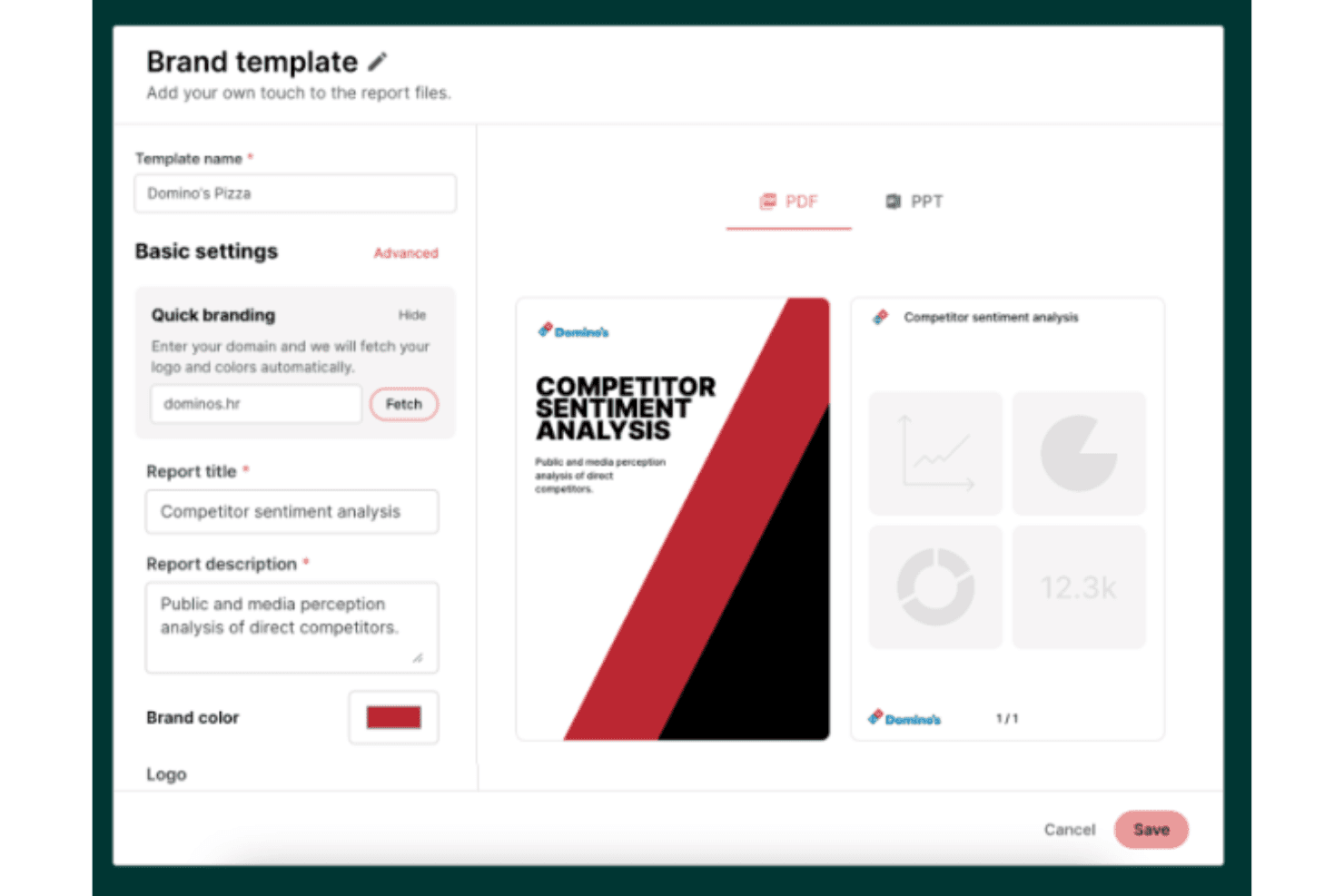 Editor für Markenvorlagen mit PDF-Vorschau eines Berichts zur Sentimentanalyse von Wettbewerbern.