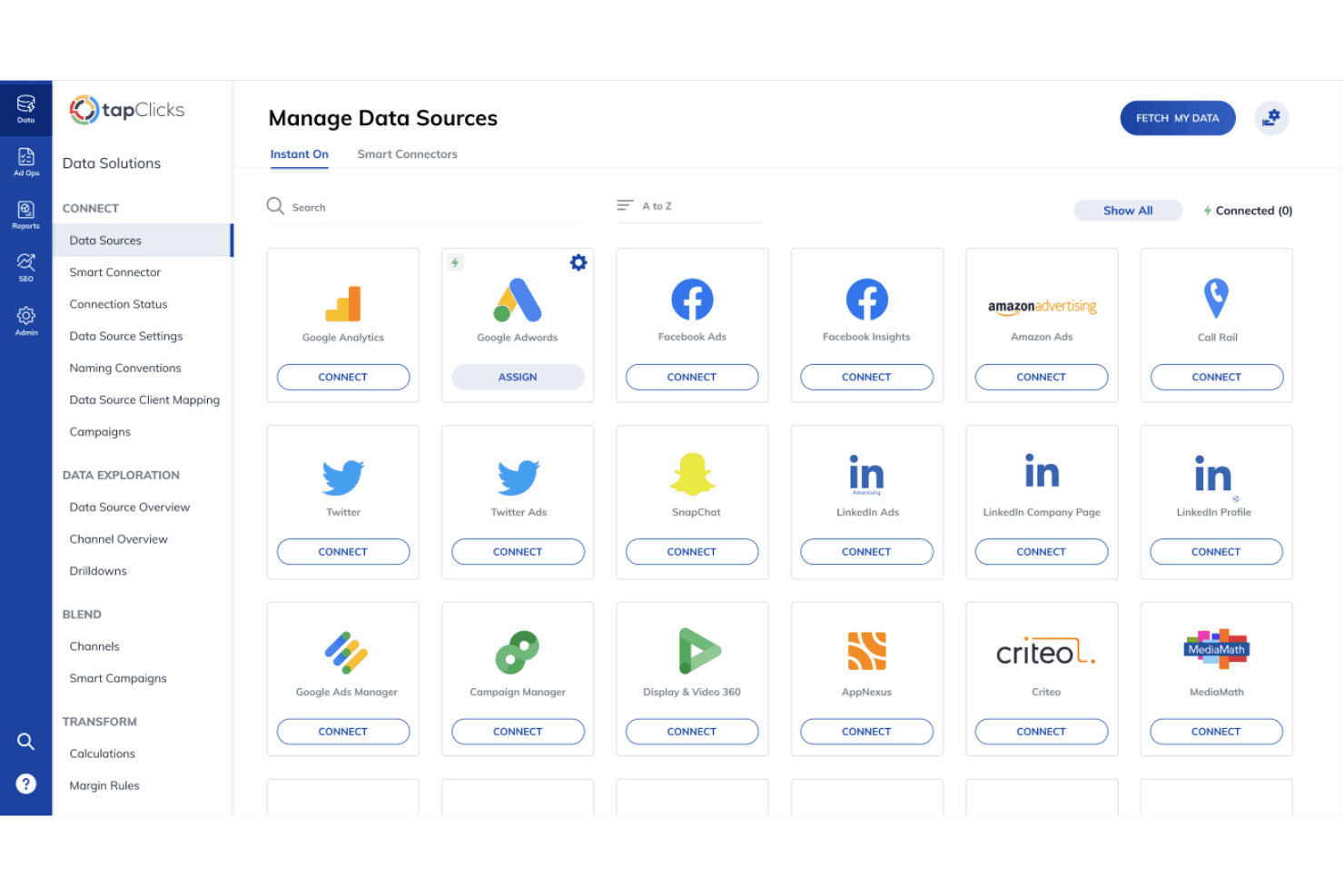 Página Administrar fuentes de datos de TapClicks, que muestra opciones de integración de plataformas con botones de conexión.