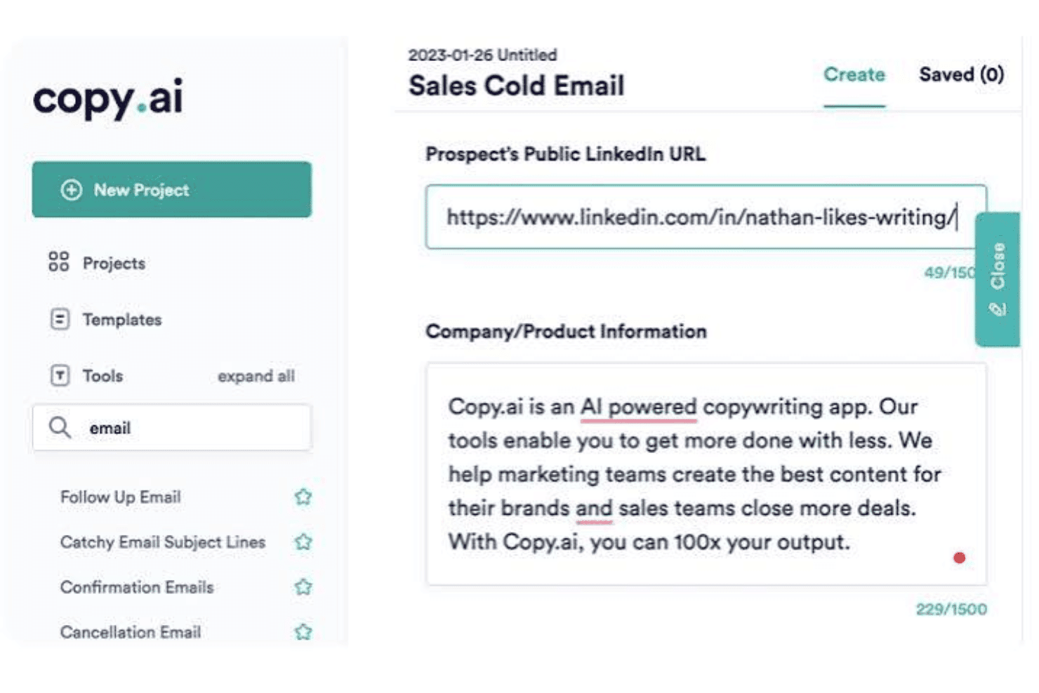 Copy.ai-verktyg för kalla försäljningsmejl med fält för LinkedIn-URL och företagsinformation.