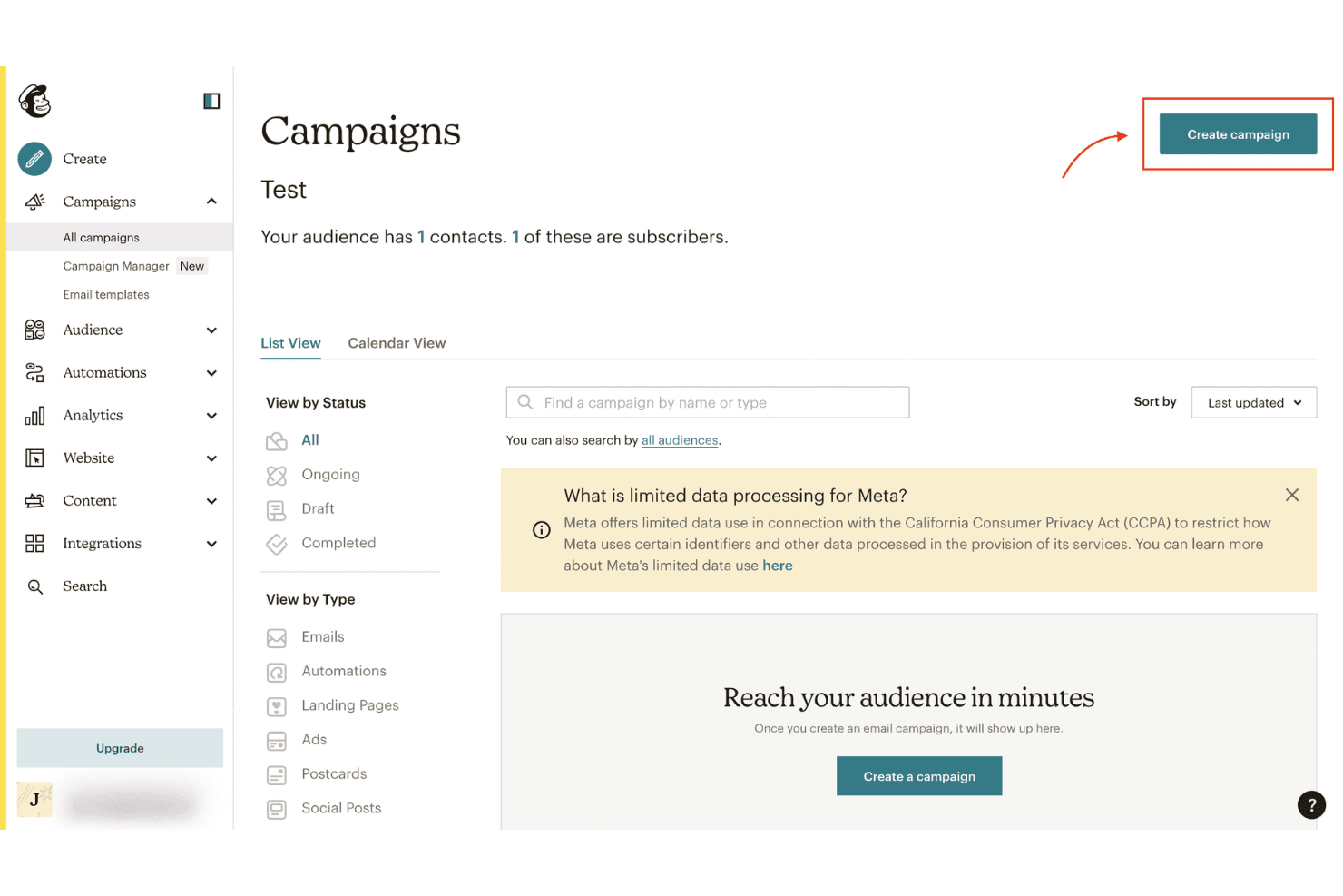 Mailchimp-kampagnedashboard med knappen Opret kampagne fremhævet med rødt.