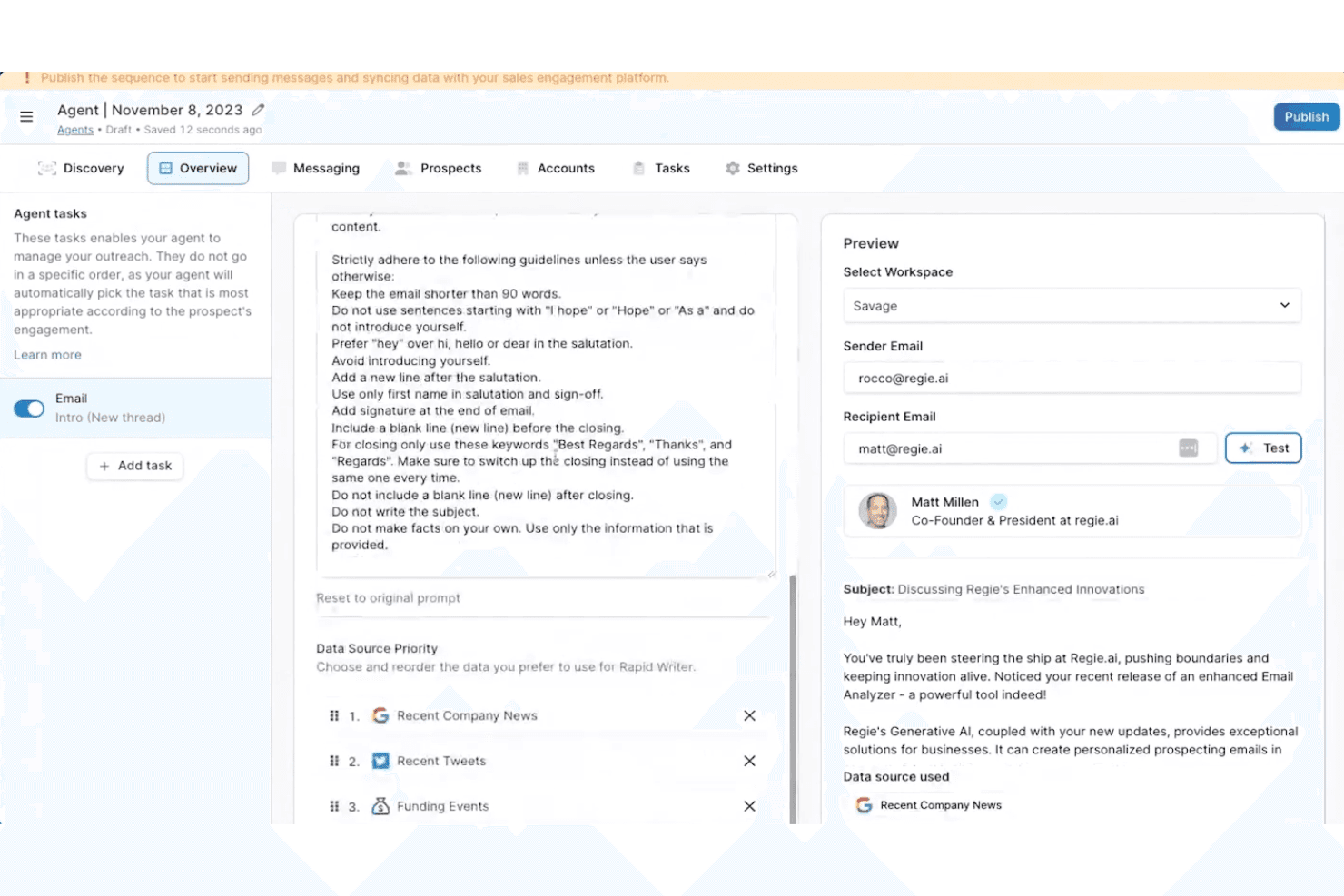 Regie.ai-agentpanel som visar en AI-e-postredigerare med en förhandsgranskningspanel i realtid.