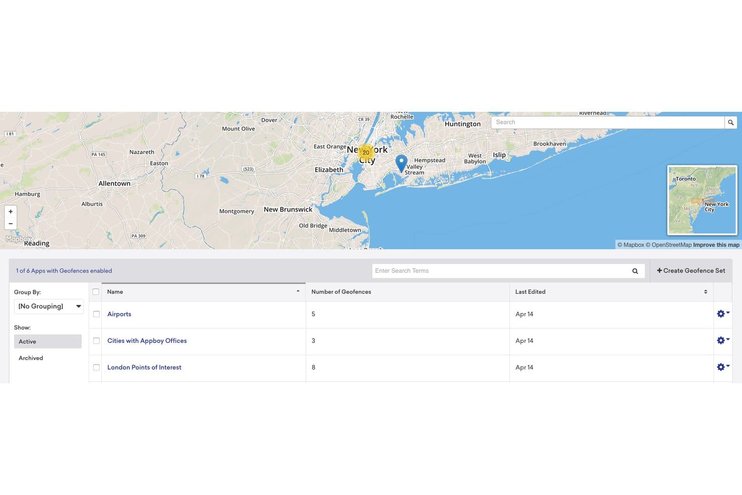 Braze geofence management dashboard with map and list of geofence sets.