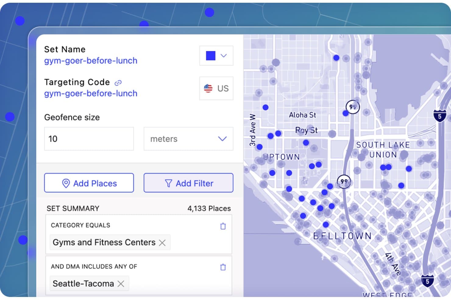 Foursquare UI showing geofence settings for gyms in Seattle-Tacoma on a map.
