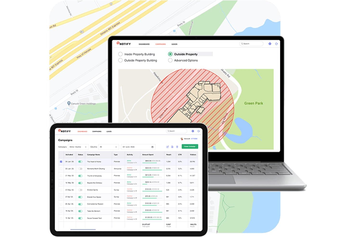 Mapsted dashboard showing geofence map and campaign list on tablet and laptop.