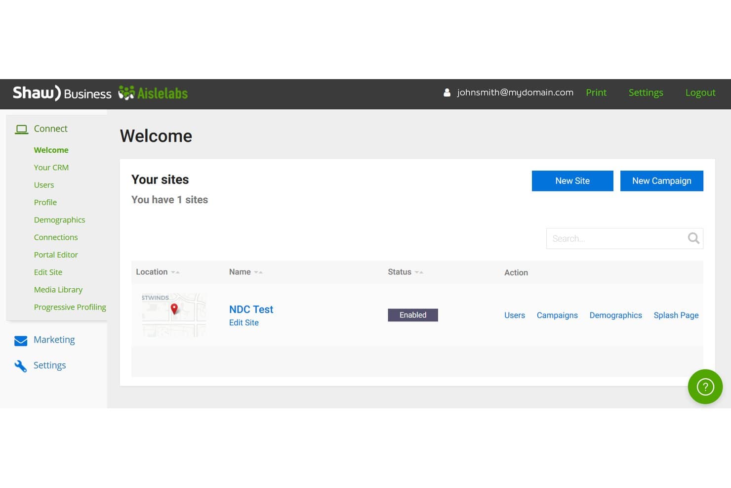 Aislelabs dashboard showing one enabled site with campaign and user actions.