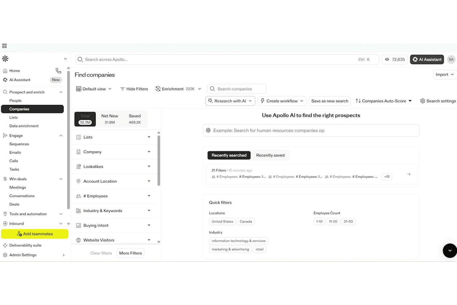 Apollo.io-sidan Hitta företag med AI-sökning och filteralternativ.