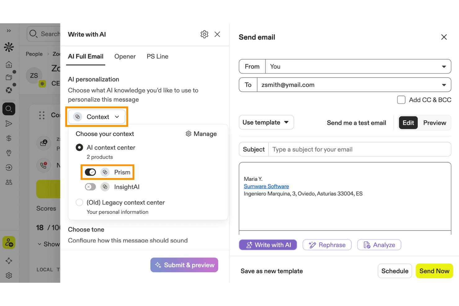 Pannello Scrivi con l'IA di Apollo.io che mostra la selezione del contesto e il compositore email con i dettagli del destinatario.
