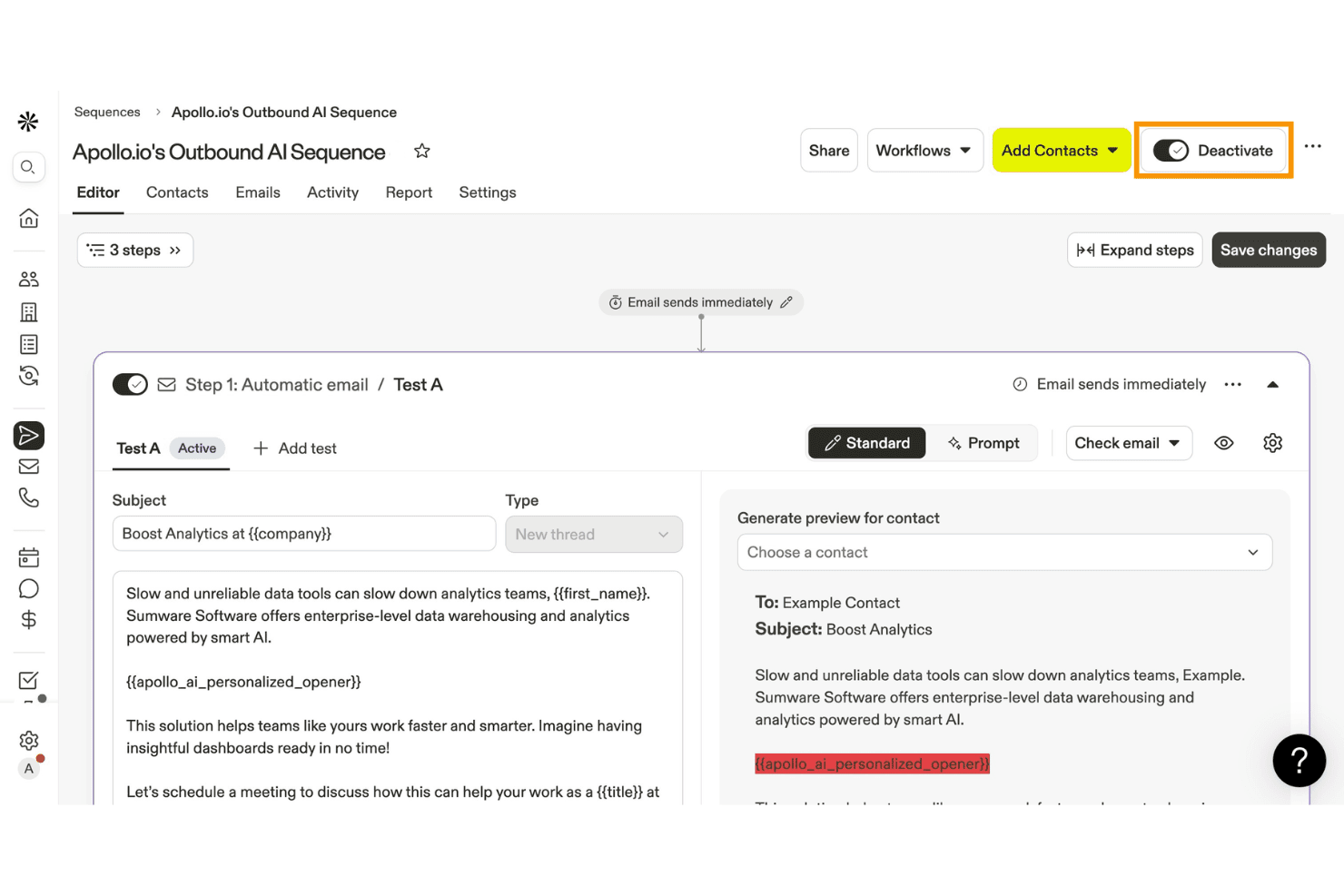 Apollo.io sequence editor showing automated email steps with AI personalization fields.