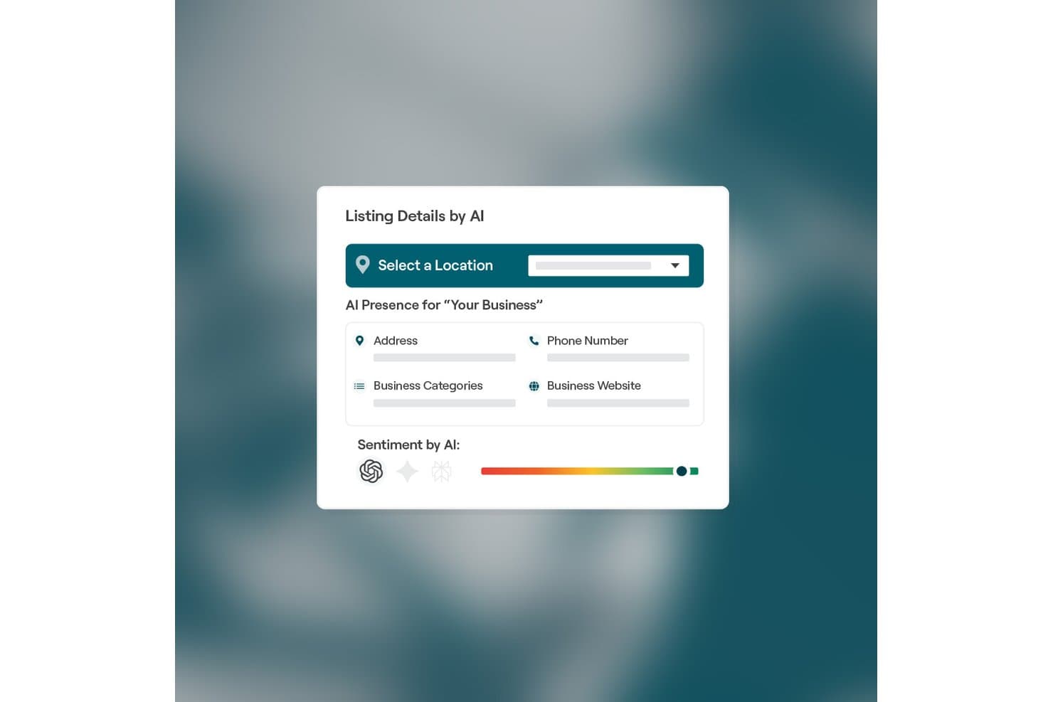 UI-kort som visar AI-drivna listningsdetaljer med fält för adress, telefon, kategorier och webbplats samt ett sentimentreglage.