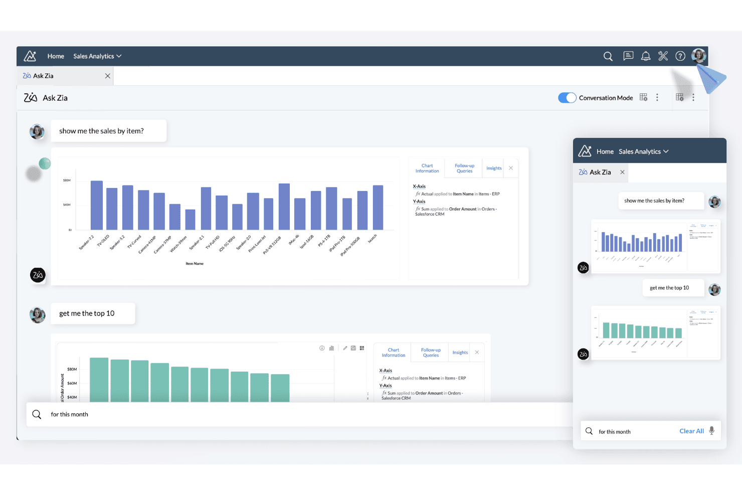 Interfejs czatu Zoho Analytics Ask Zia z wykresami słupkowymi przedstawiającymi sprzedaż według produktu.