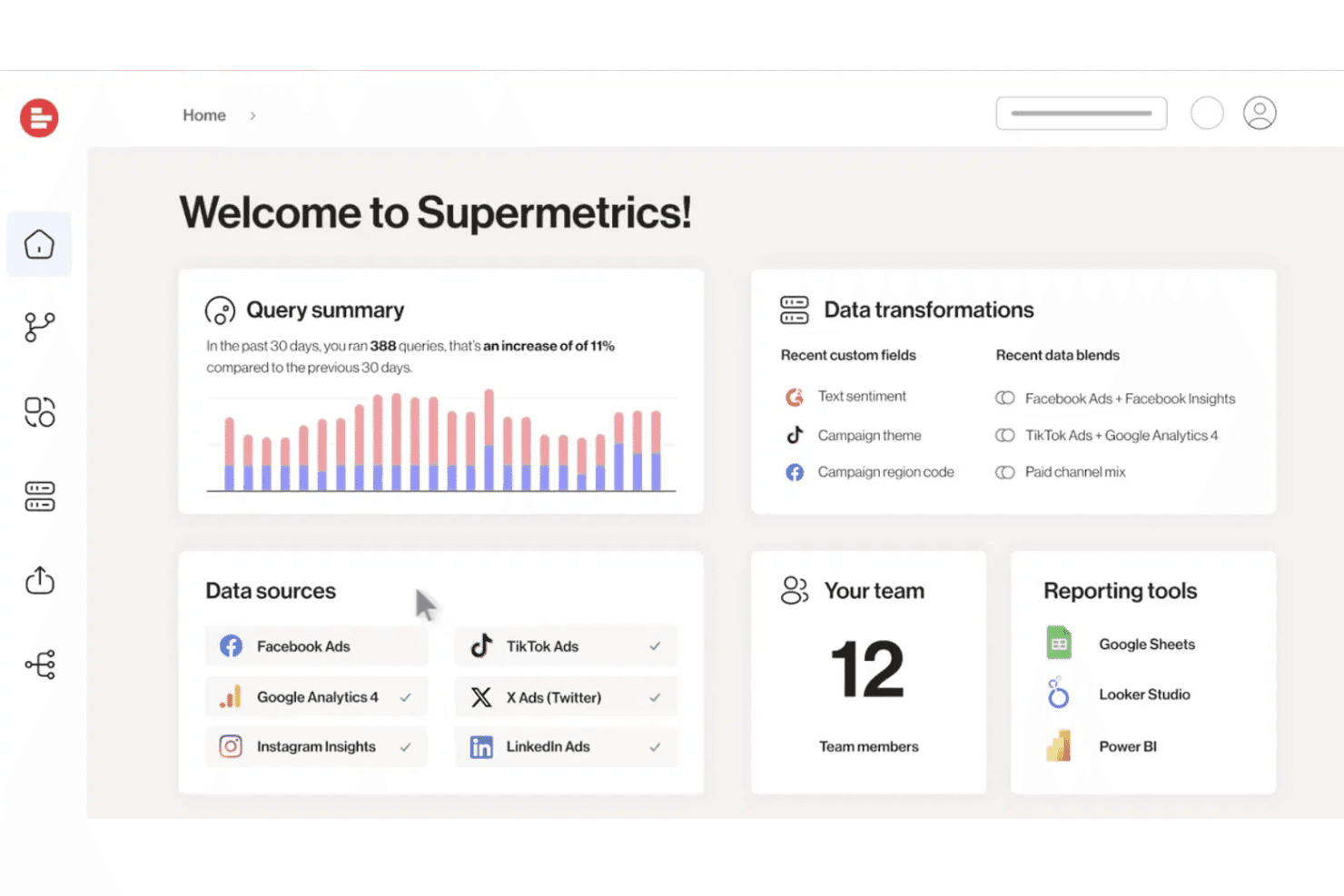 Tableau de bord Supermetrics affichant le résumé des requêtes, les sources de données, la taille de l’équipe et les outils de reporting.