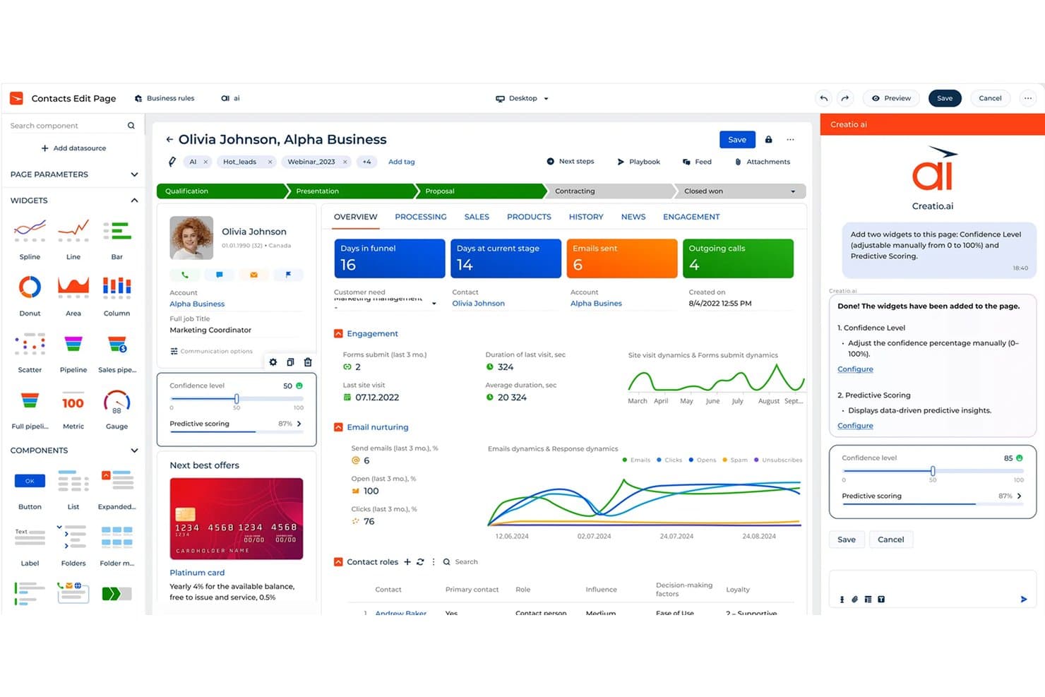 Creatio CRM contact page with AI assistant adding confidence level and predictive scoring widgets.